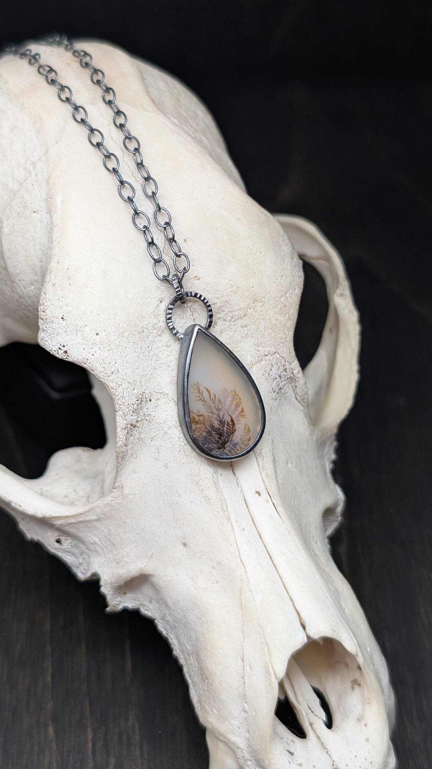 Dendritic Agate Teardrop Slice Textured Sterling Silver Necklace