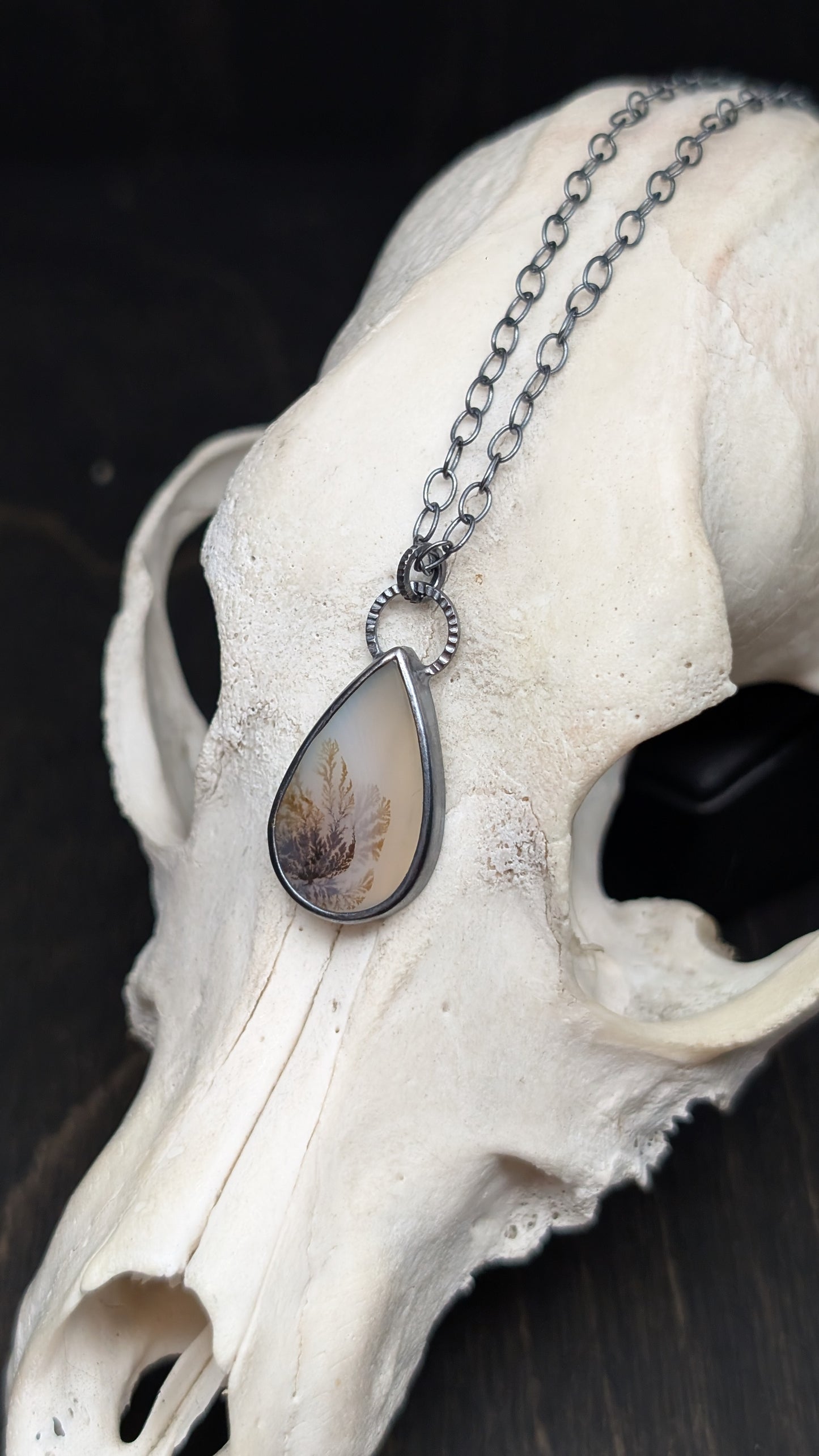 Dendritic Agate Teardrop Slice Textured Sterling Silver Necklace