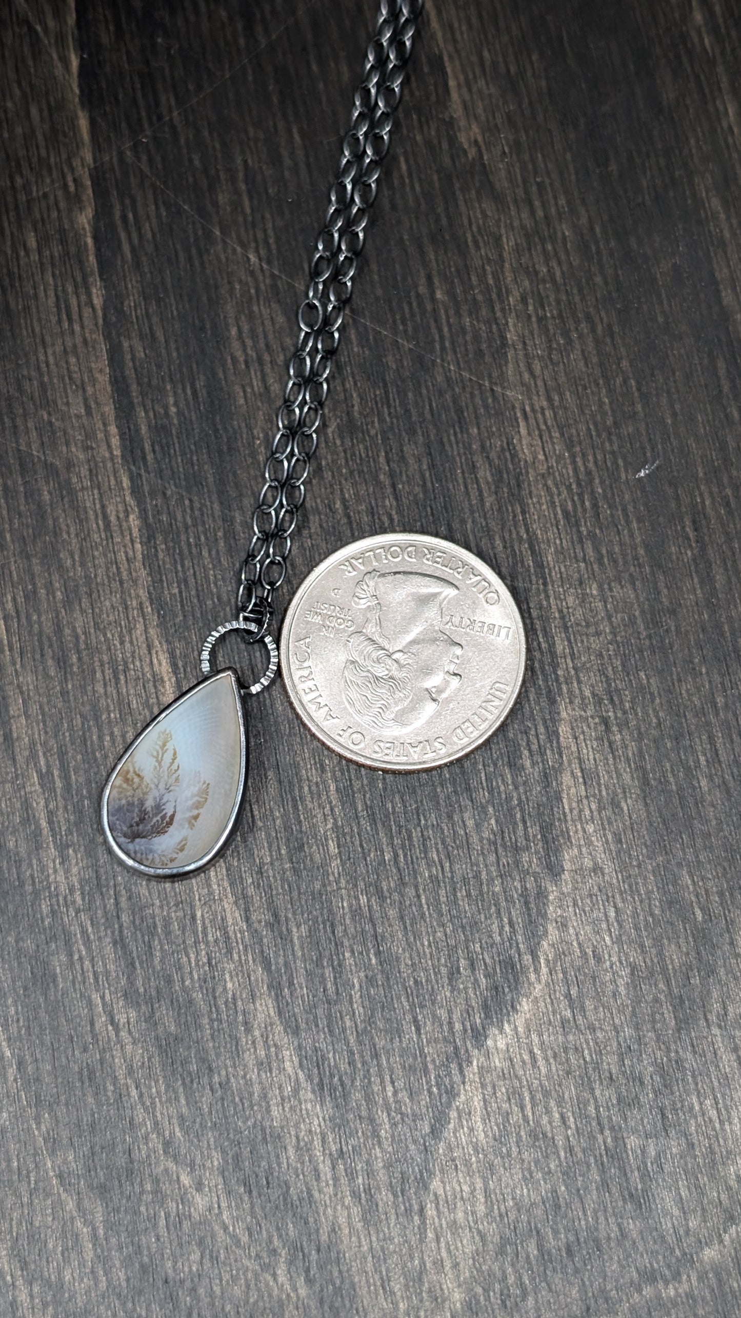 Dendritic Agate Teardrop Slice Textured Sterling Silver Necklace