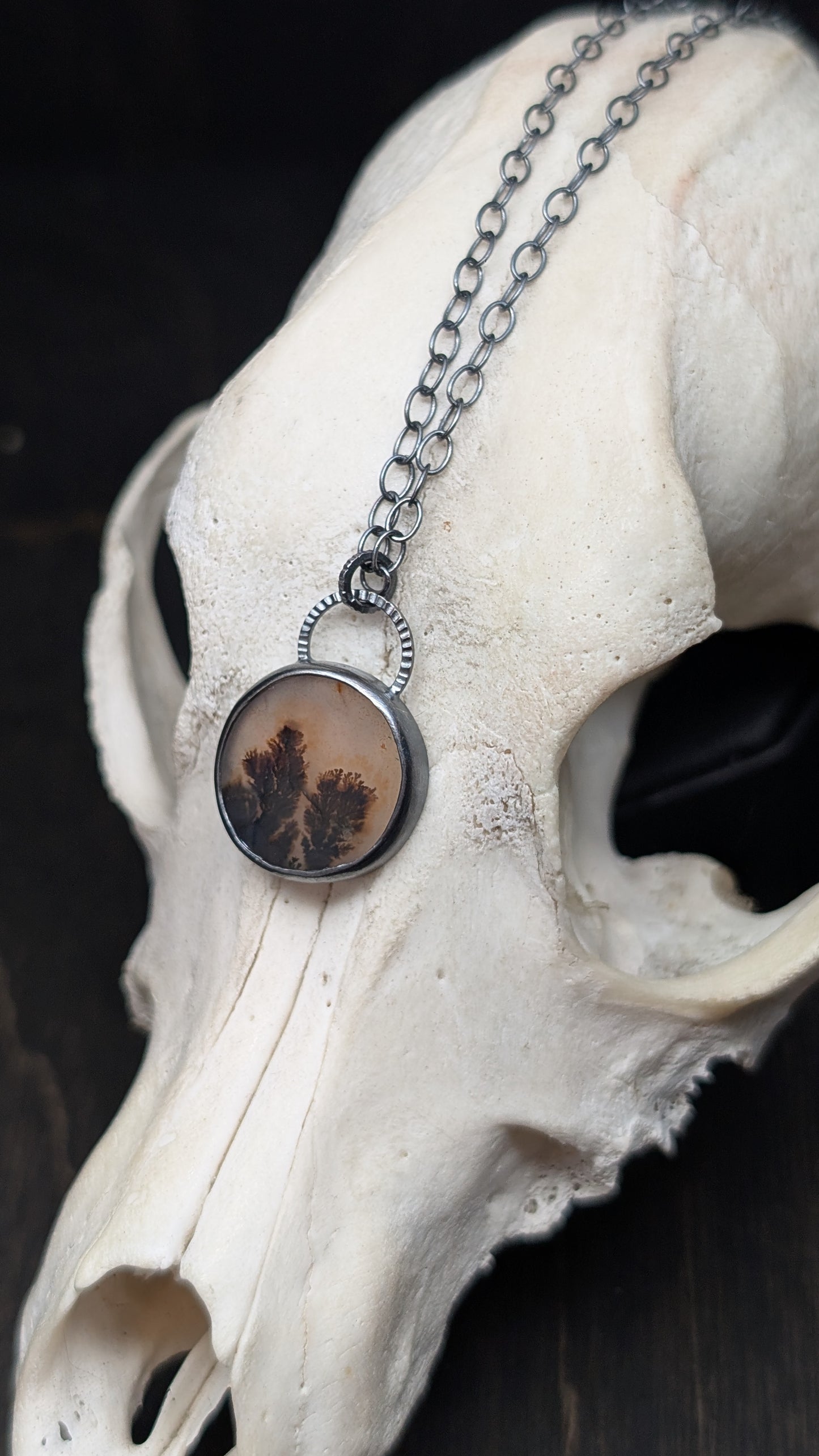 Dendritic Agate Round Slice Textured Sterling Silver Necklace