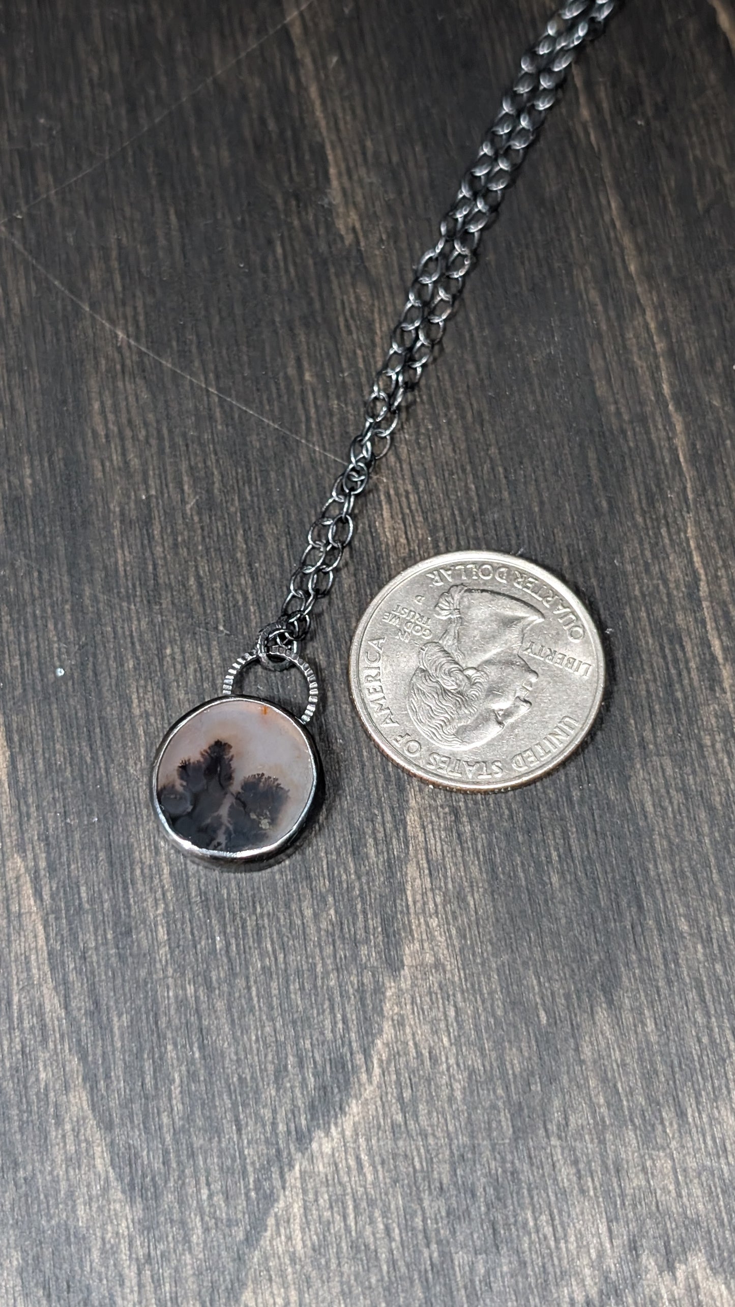 Dendritic Agate Round Slice Textured Sterling Silver Necklace