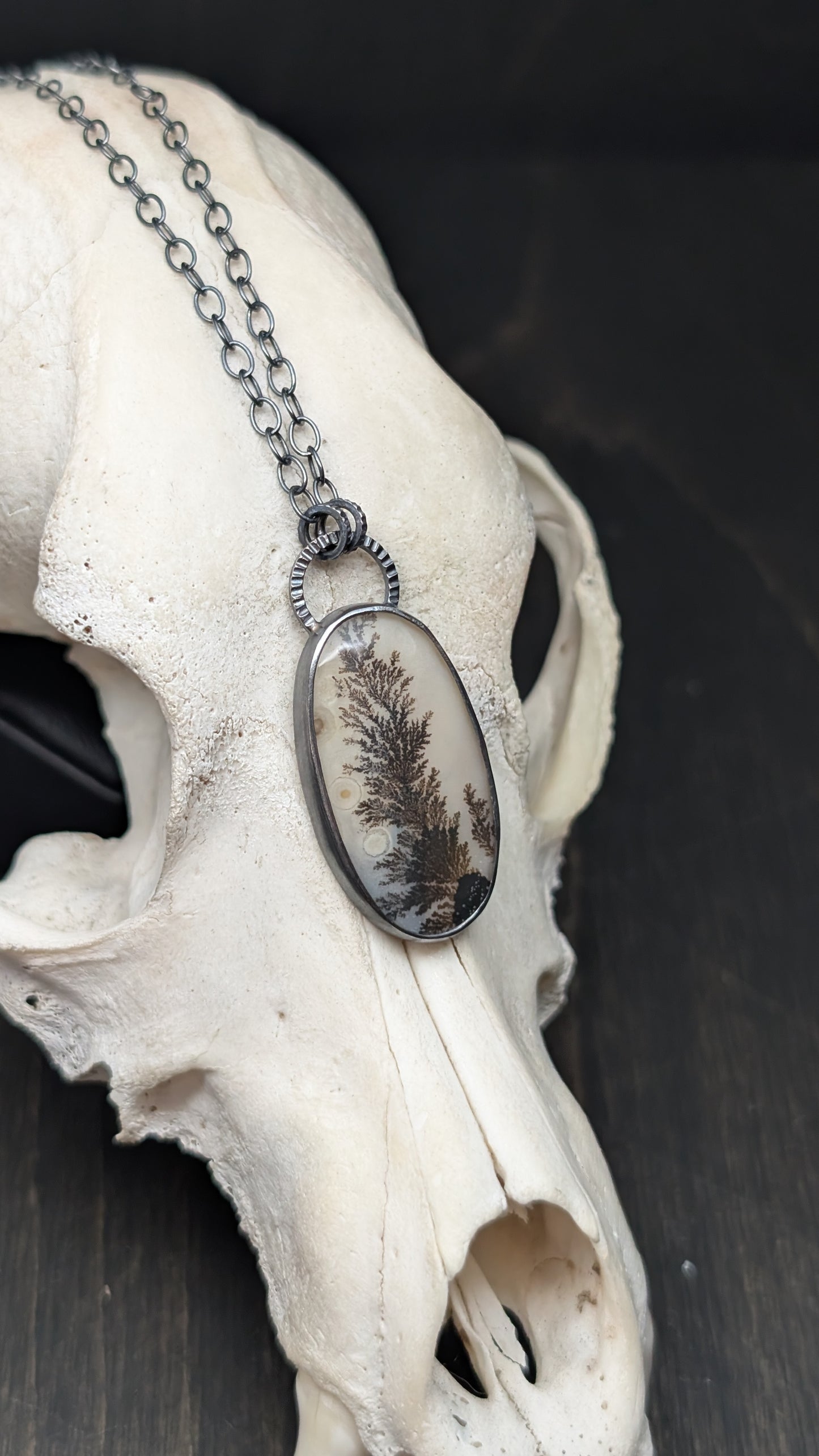 Dendritic Agate Oval Slice Textured Sterling Silver Necklace