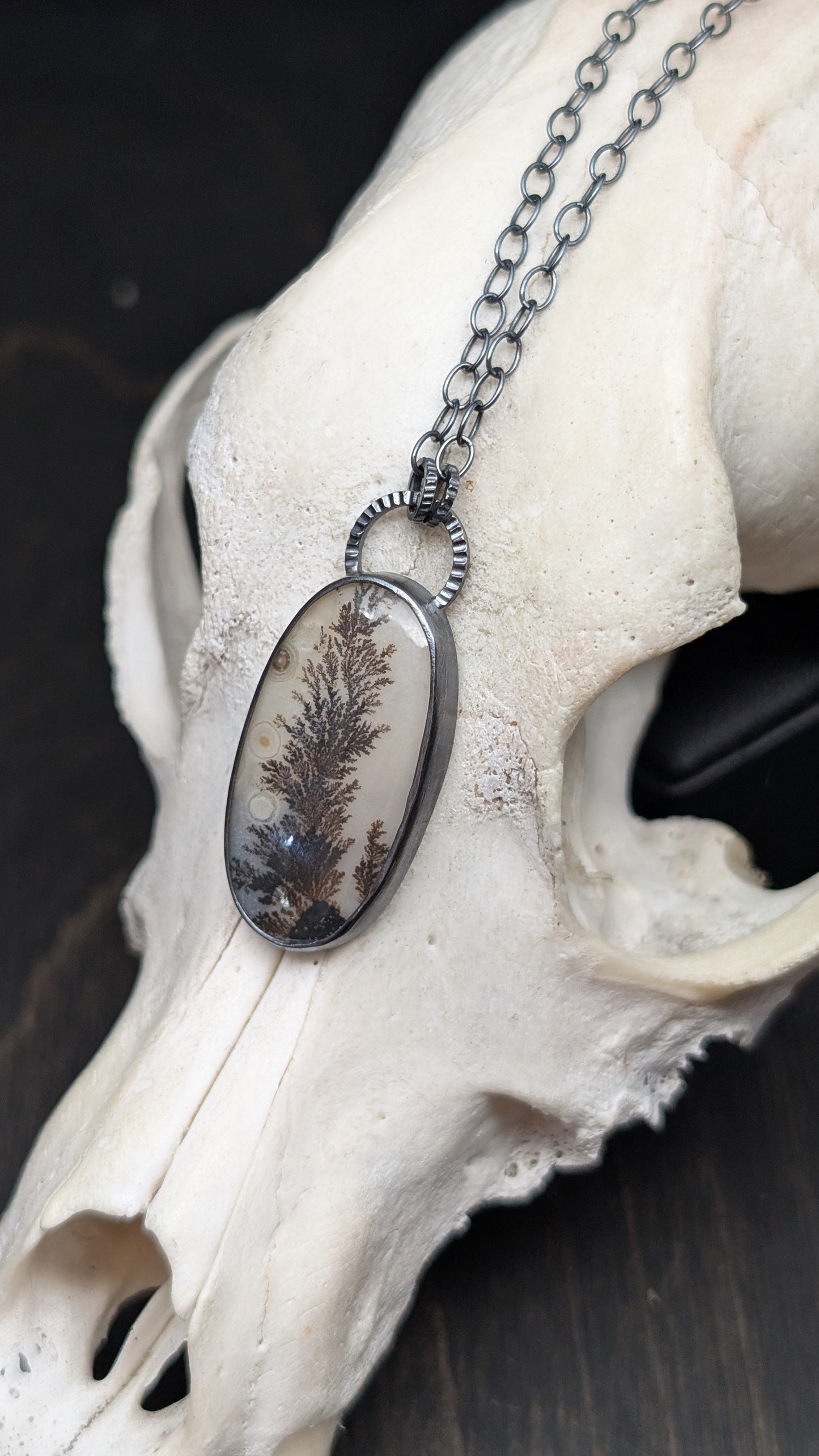 Dendritic Agate Oval Slice Textured Sterling Silver Necklace