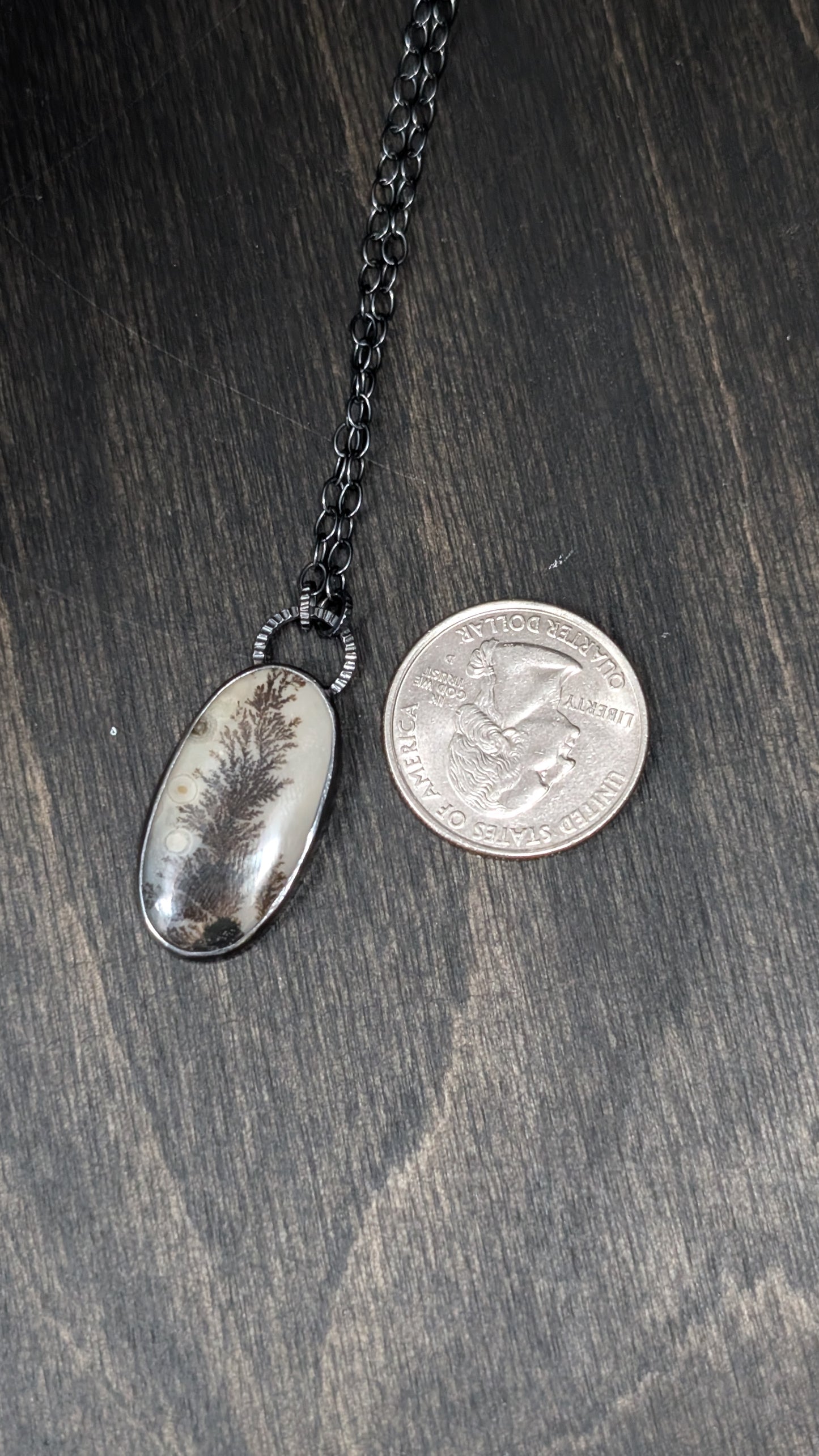 Dendritic Agate Oval Slice Textured Sterling Silver Necklace