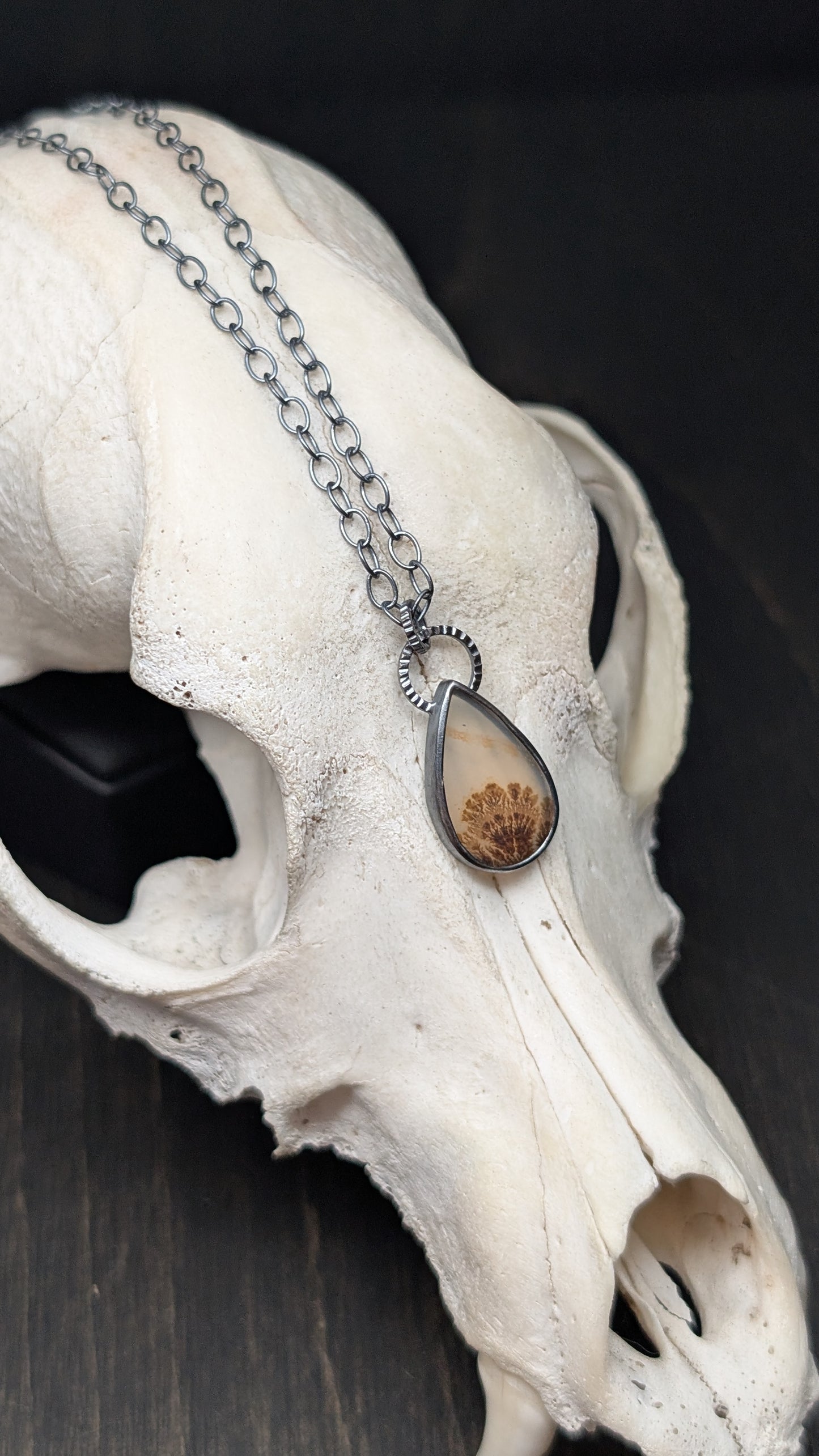 Dendritic Agate Teardrop Slice Textured Sterling Silver Necklace