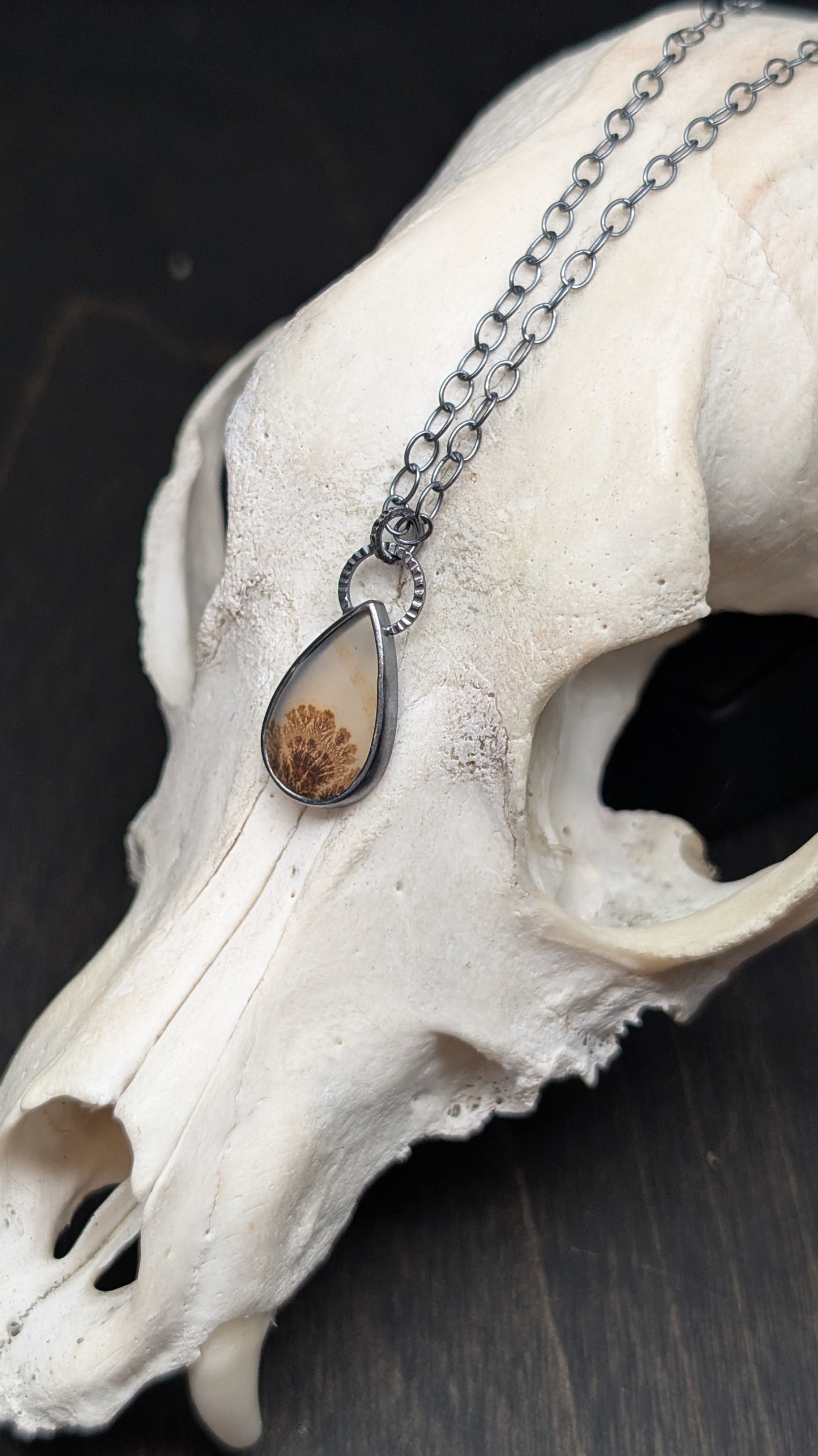 Dendritic Agate Teardrop Slice Textured Sterling Silver Necklace