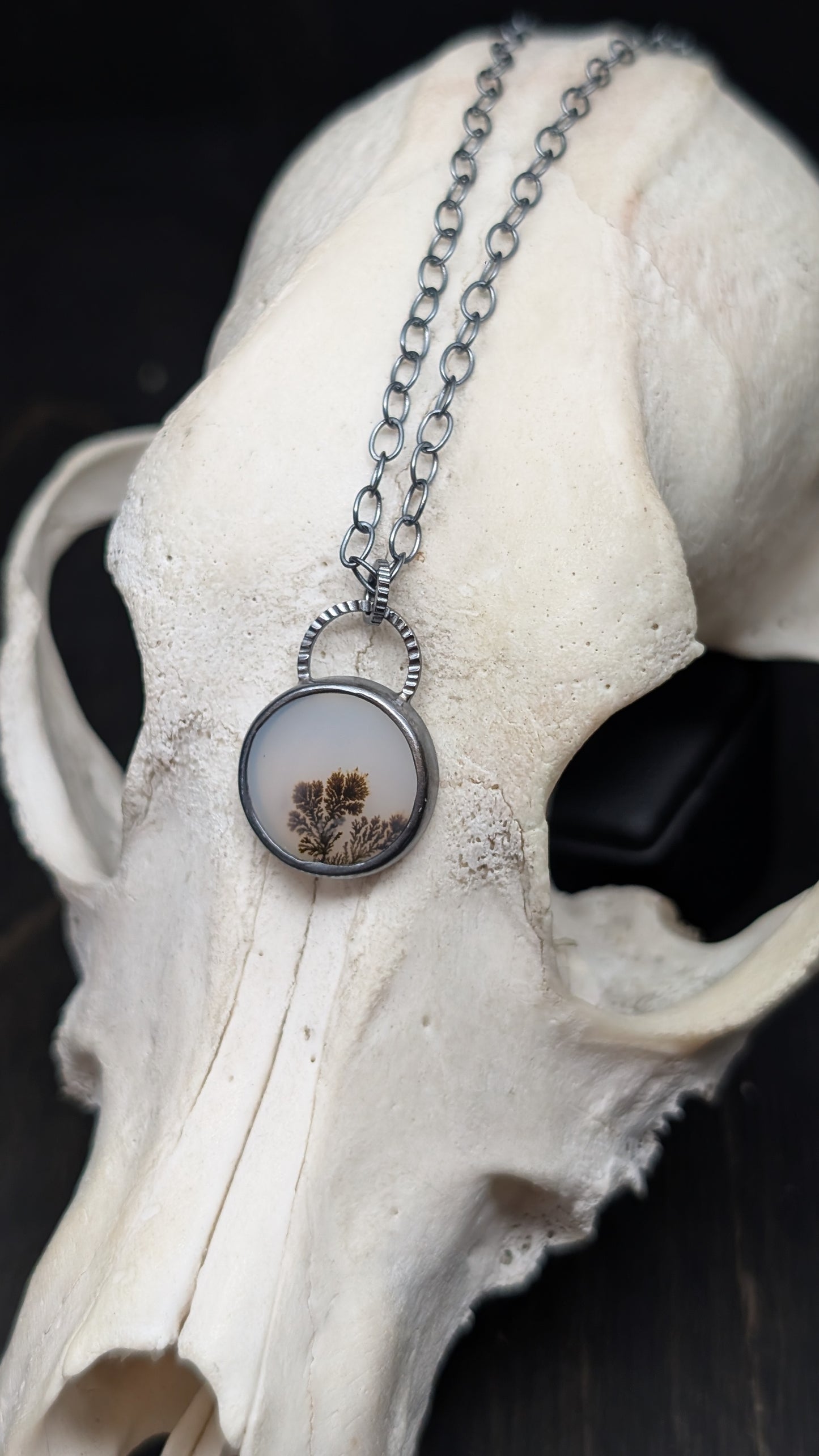 Dendritic Agate Round Slice Textured Sterling Silver Necklace