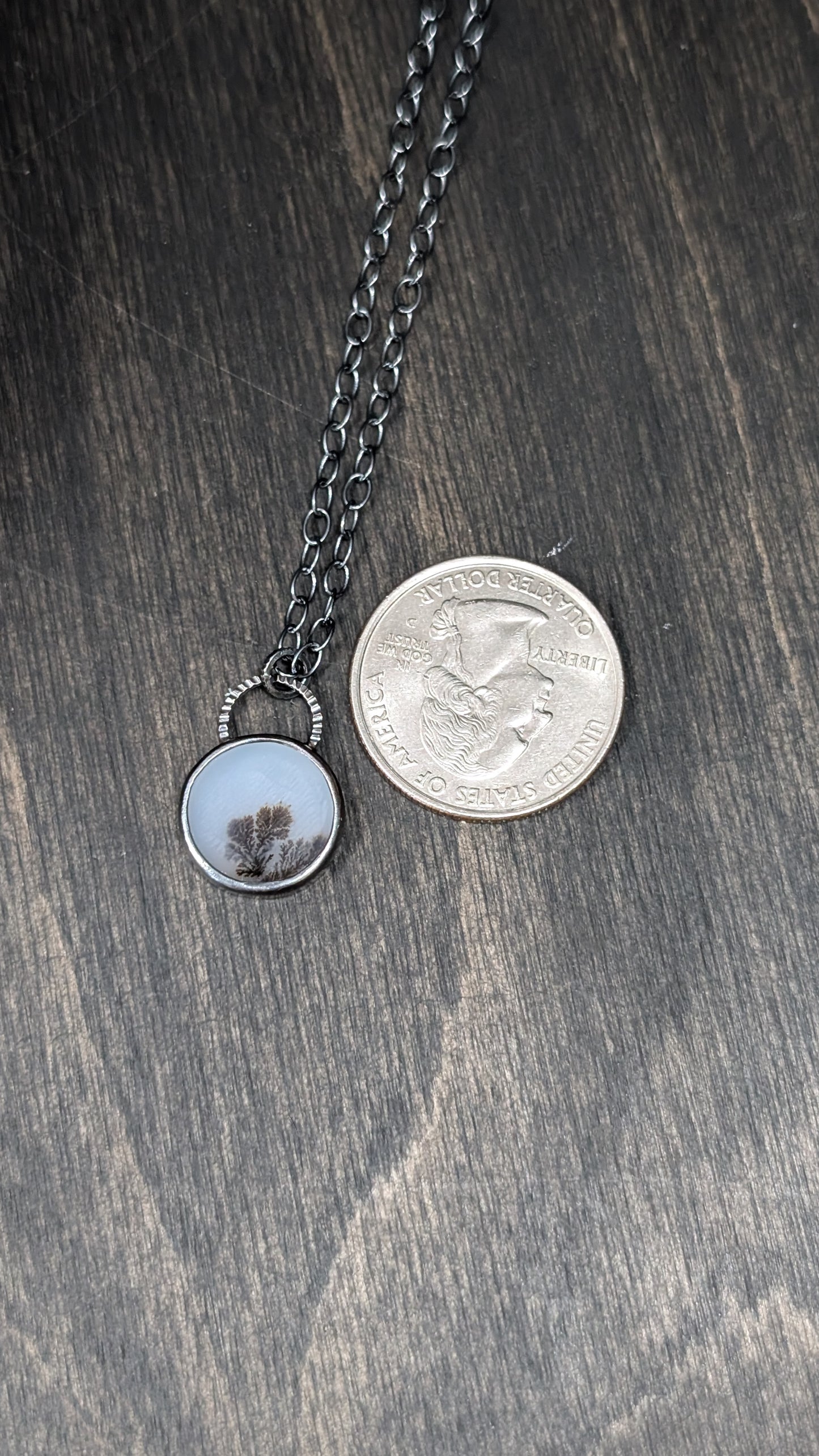 Dendritic Agate Round Slice Textured Sterling Silver Necklace