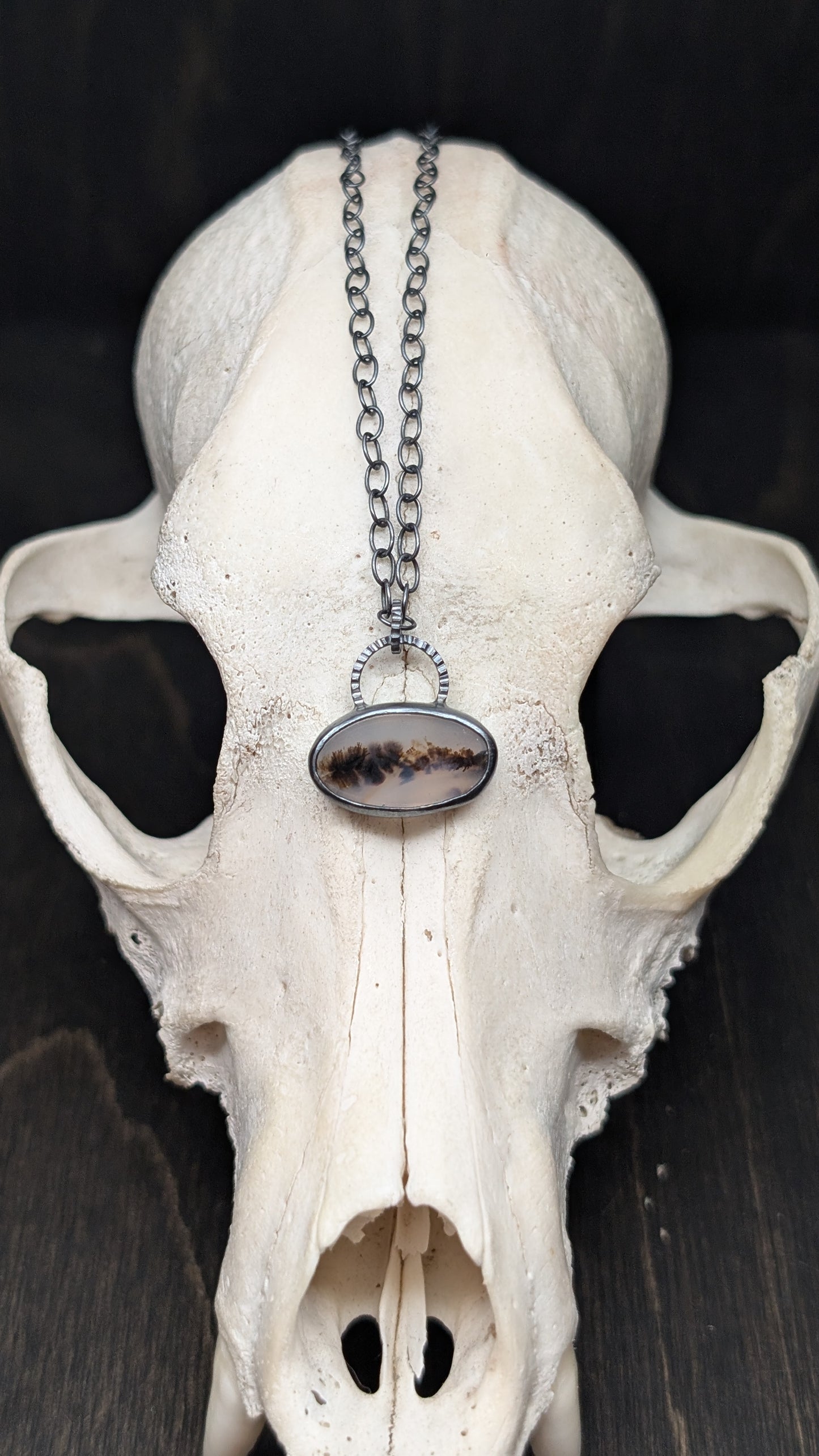 Dendritic Agate Oval Slice Textured Sterling Silver Necklace