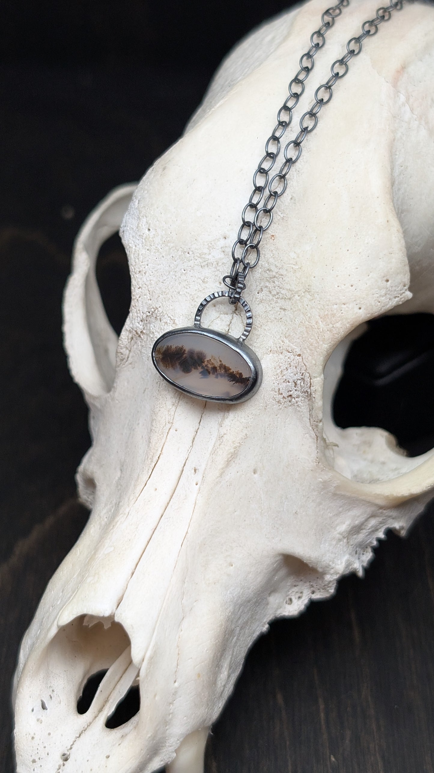 Dendritic Agate Oval Slice Textured Sterling Silver Necklace