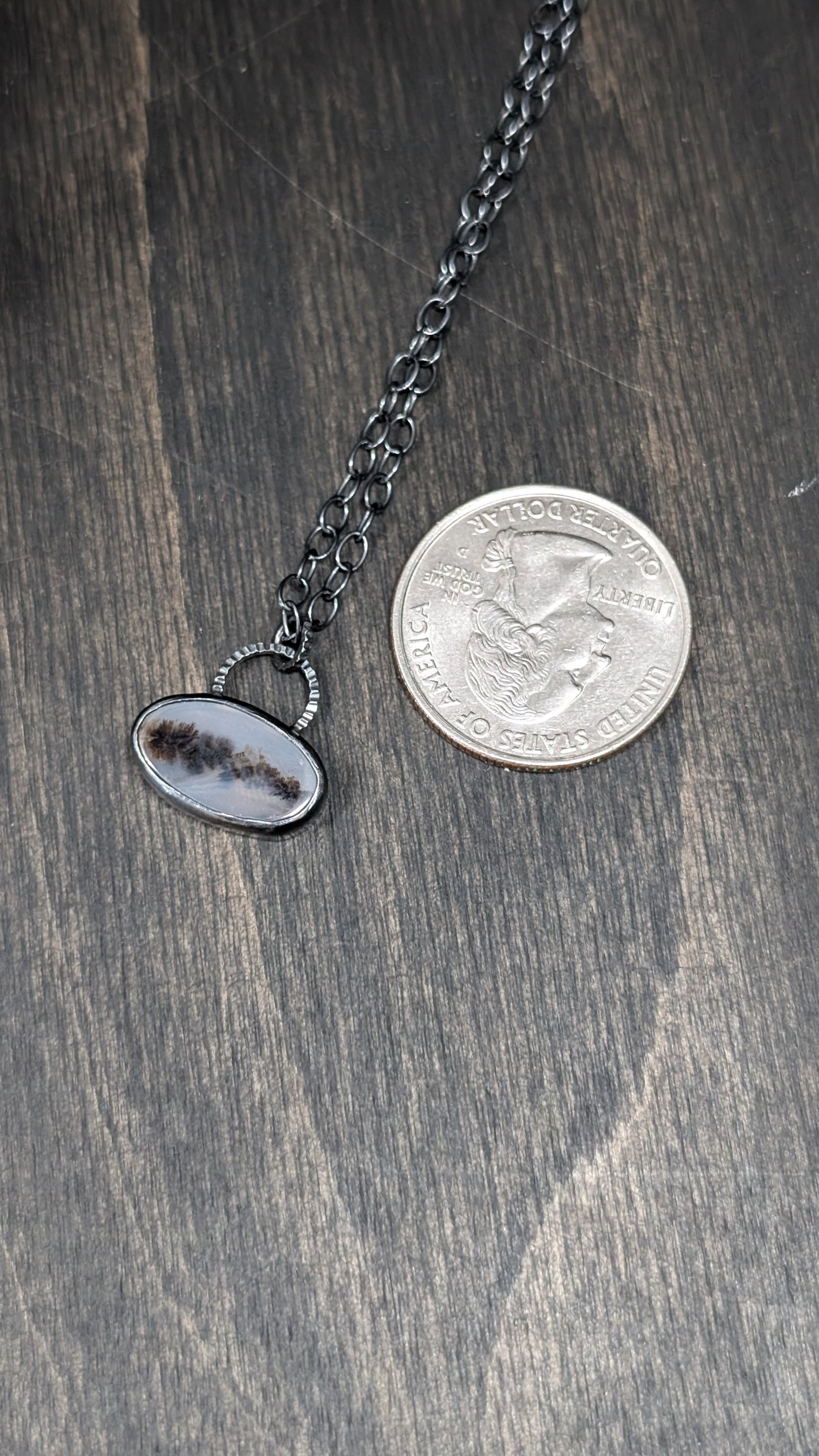 Dendritic Agate Oval Slice Textured Sterling Silver Necklace