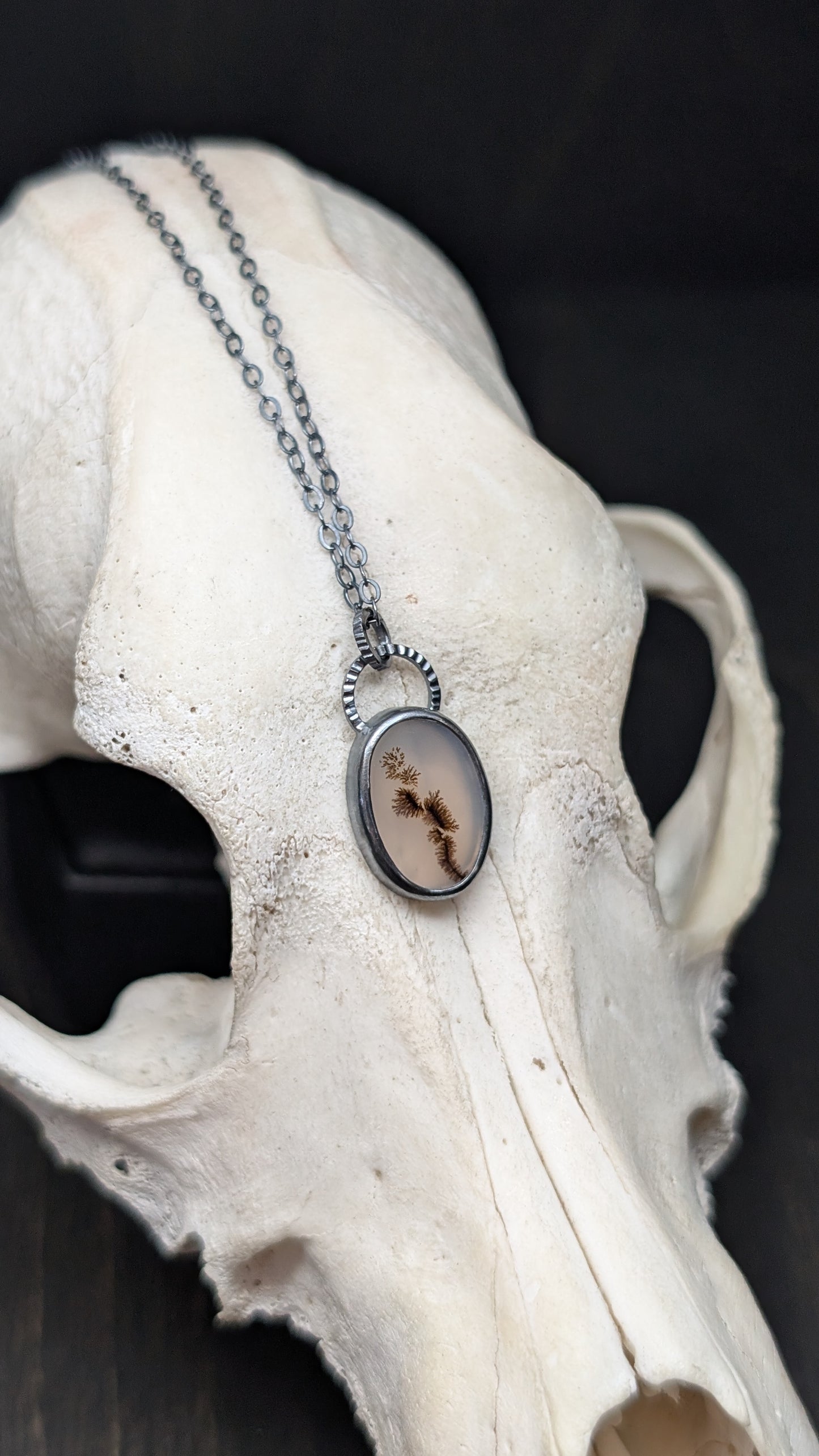 Dendritic Agate Oval Slice Textured Sterling Silver Necklace