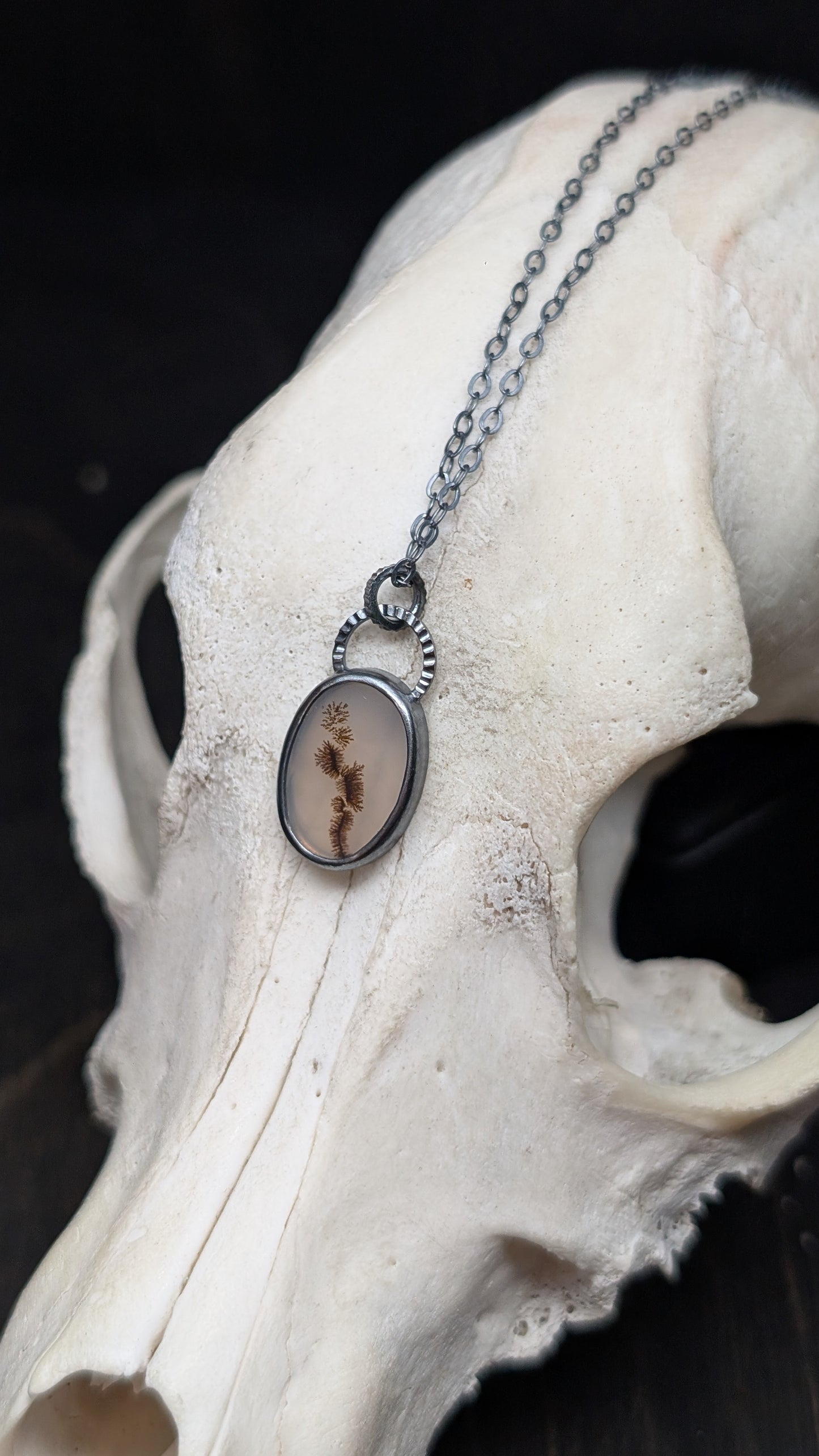 Dendritic Agate Oval Slice Textured Sterling Silver Necklace