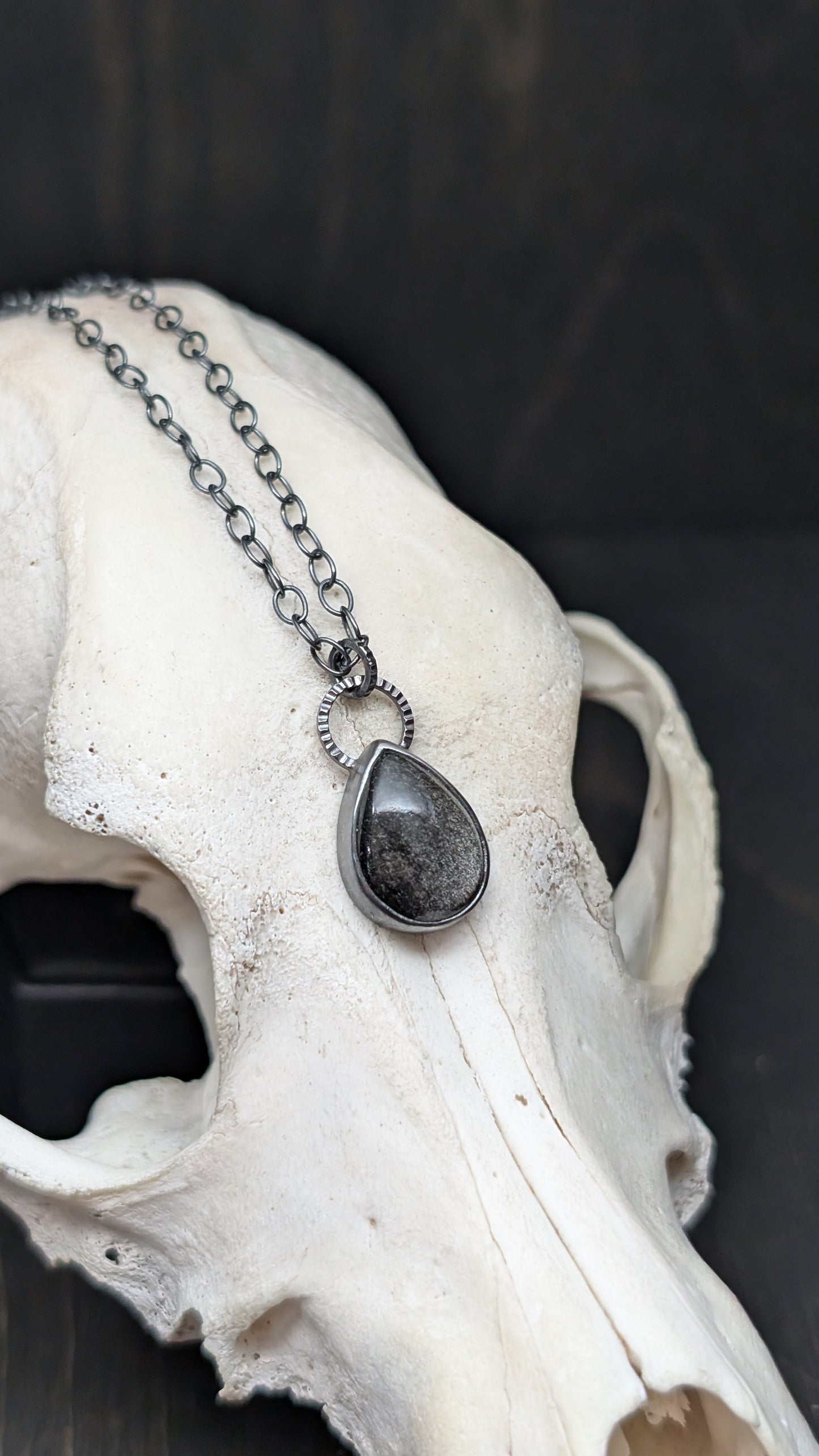 Silver Sheen Obsidian Teardrop Textured Sterling Silver Necklace