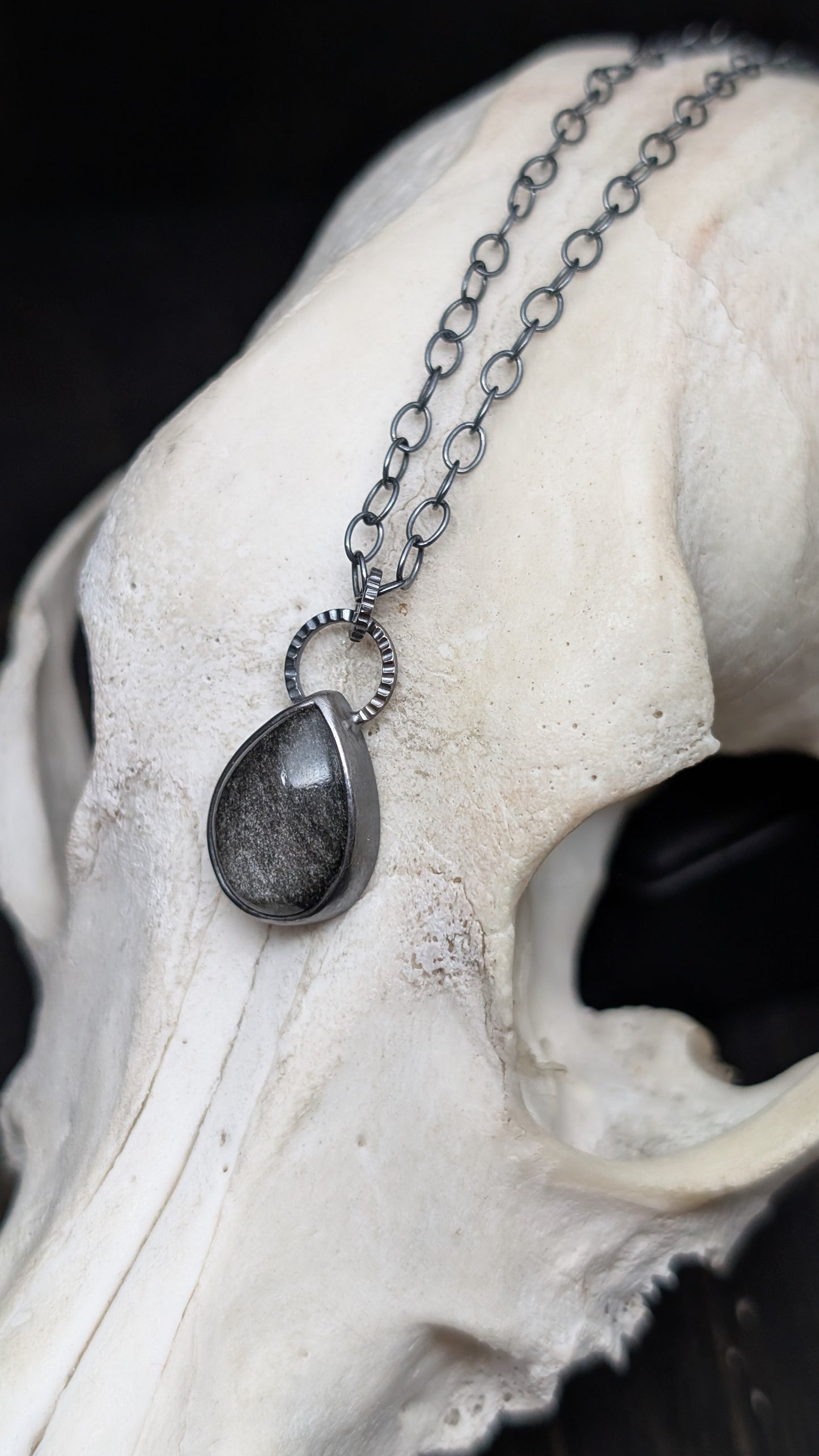 Silver Sheen Obsidian Teardrop Textured Sterling Silver Necklace
