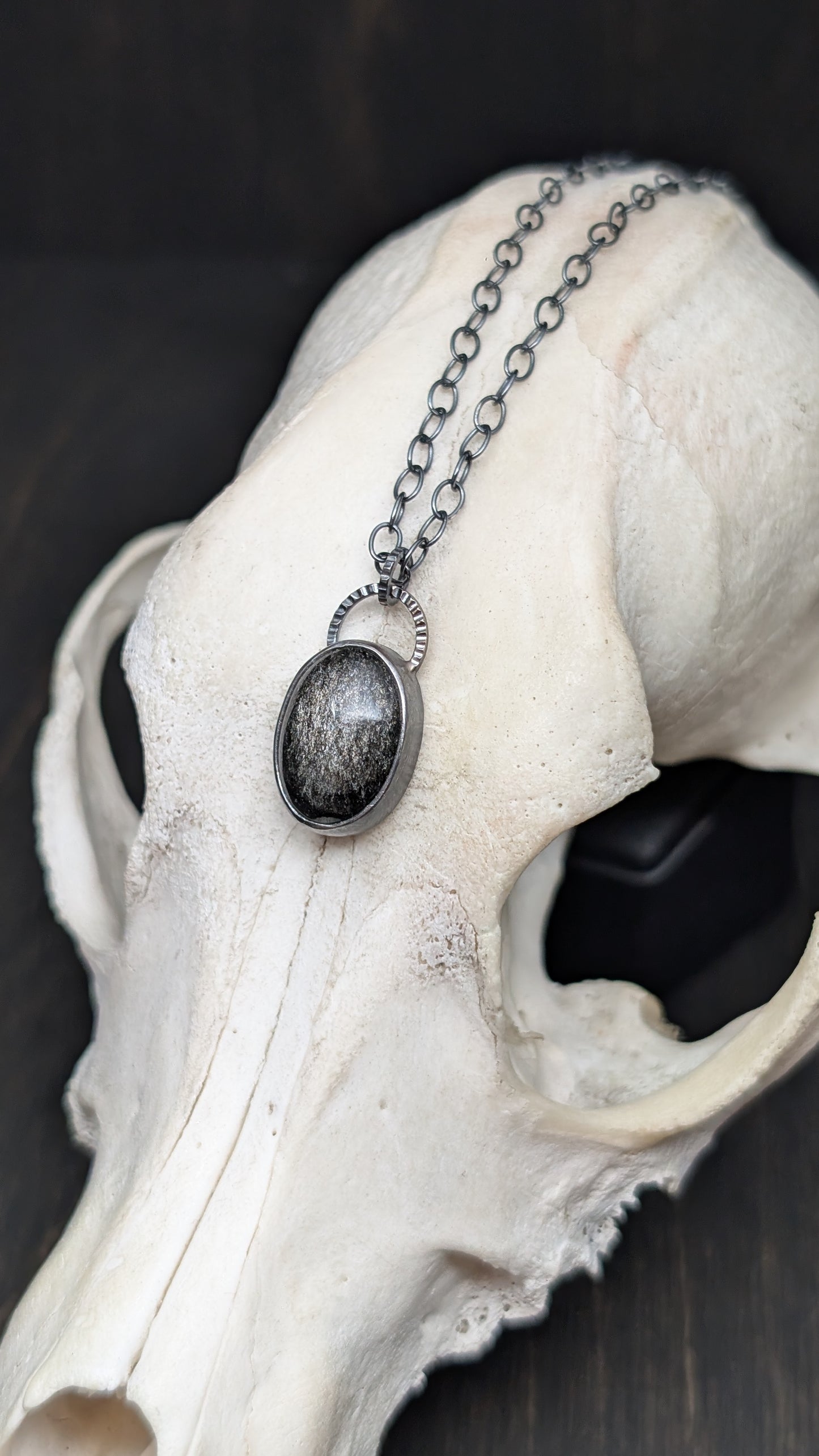 Silver Sheen Obsidian Oval Textured Sterling Silver Necklace