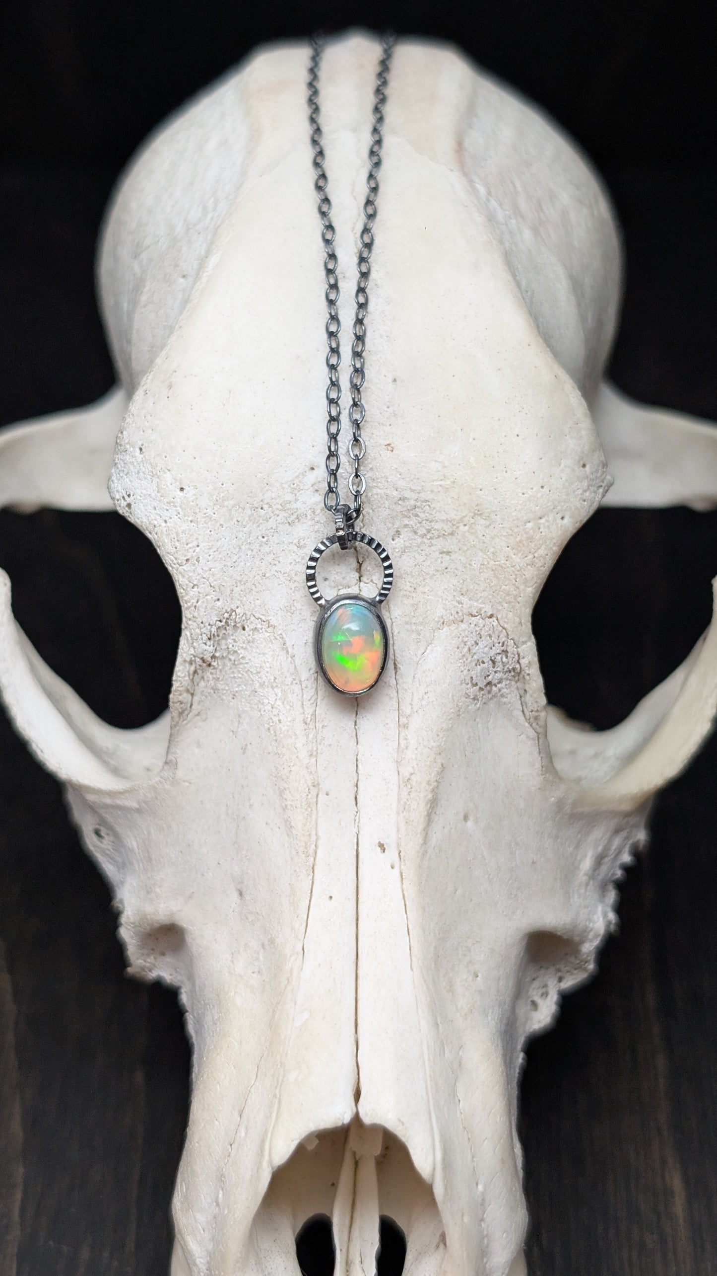 Mini Ethiopian Opal Oval Textured Sterling Silver Necklace