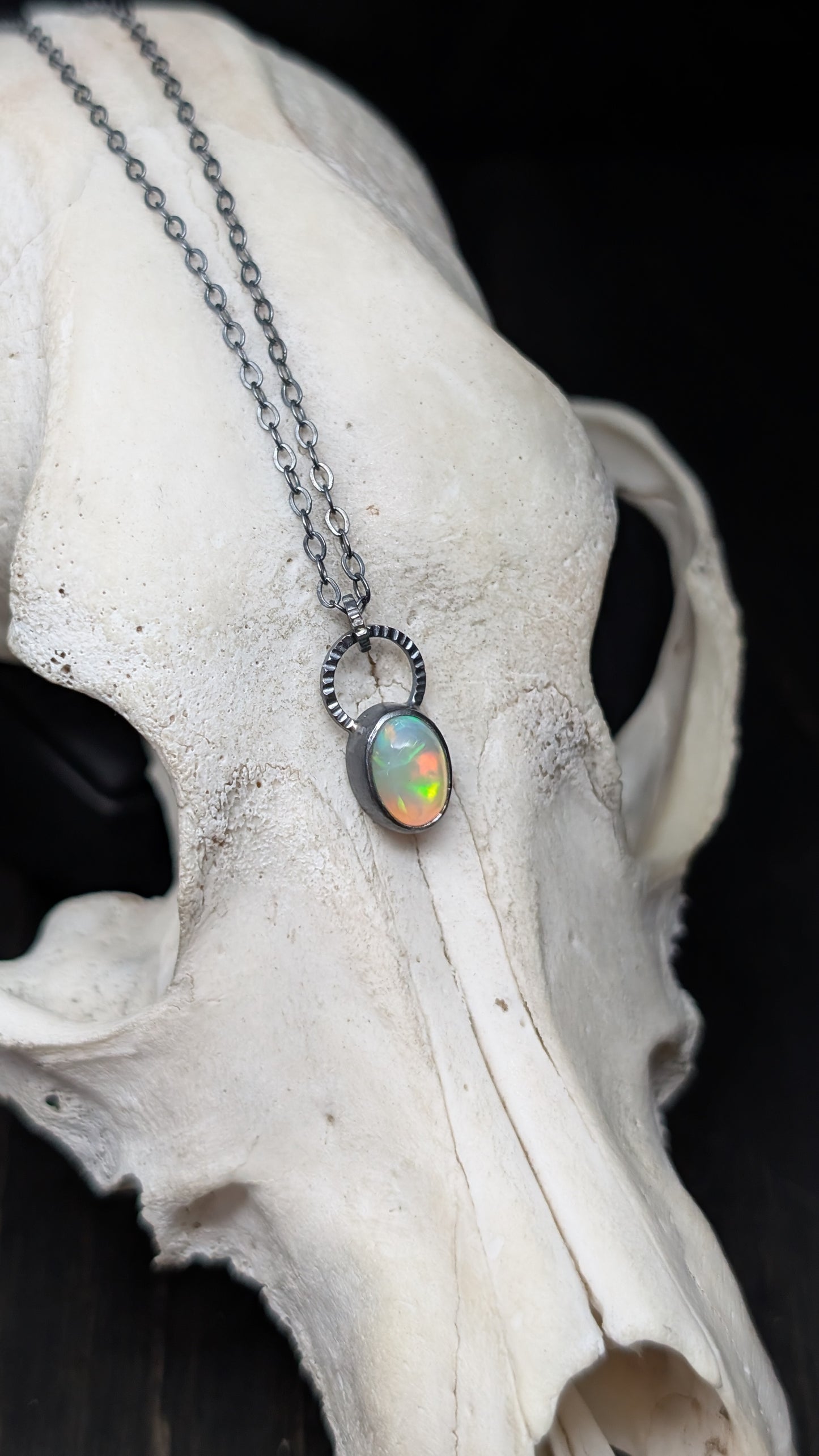 Mini Ethiopian Opal Oval Textured Sterling Silver Necklace