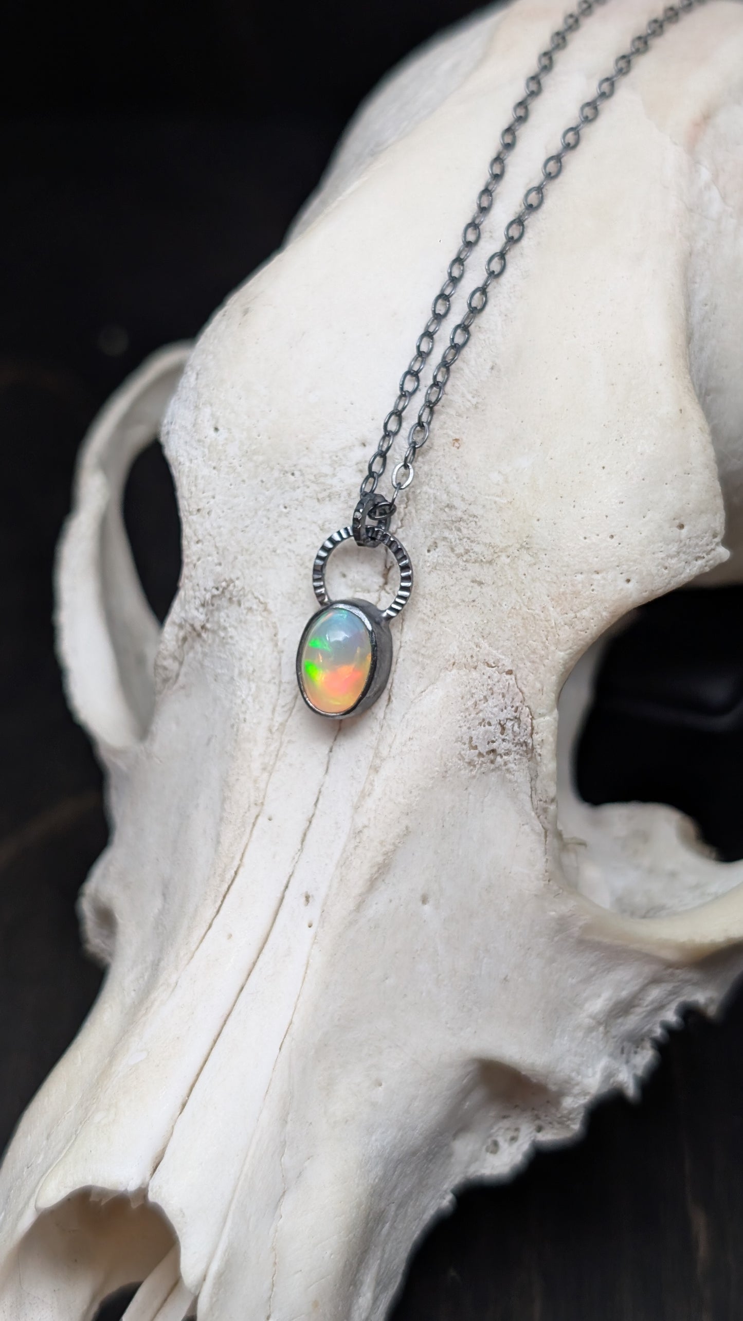 Mini Ethiopian Opal Oval Textured Sterling Silver Necklace