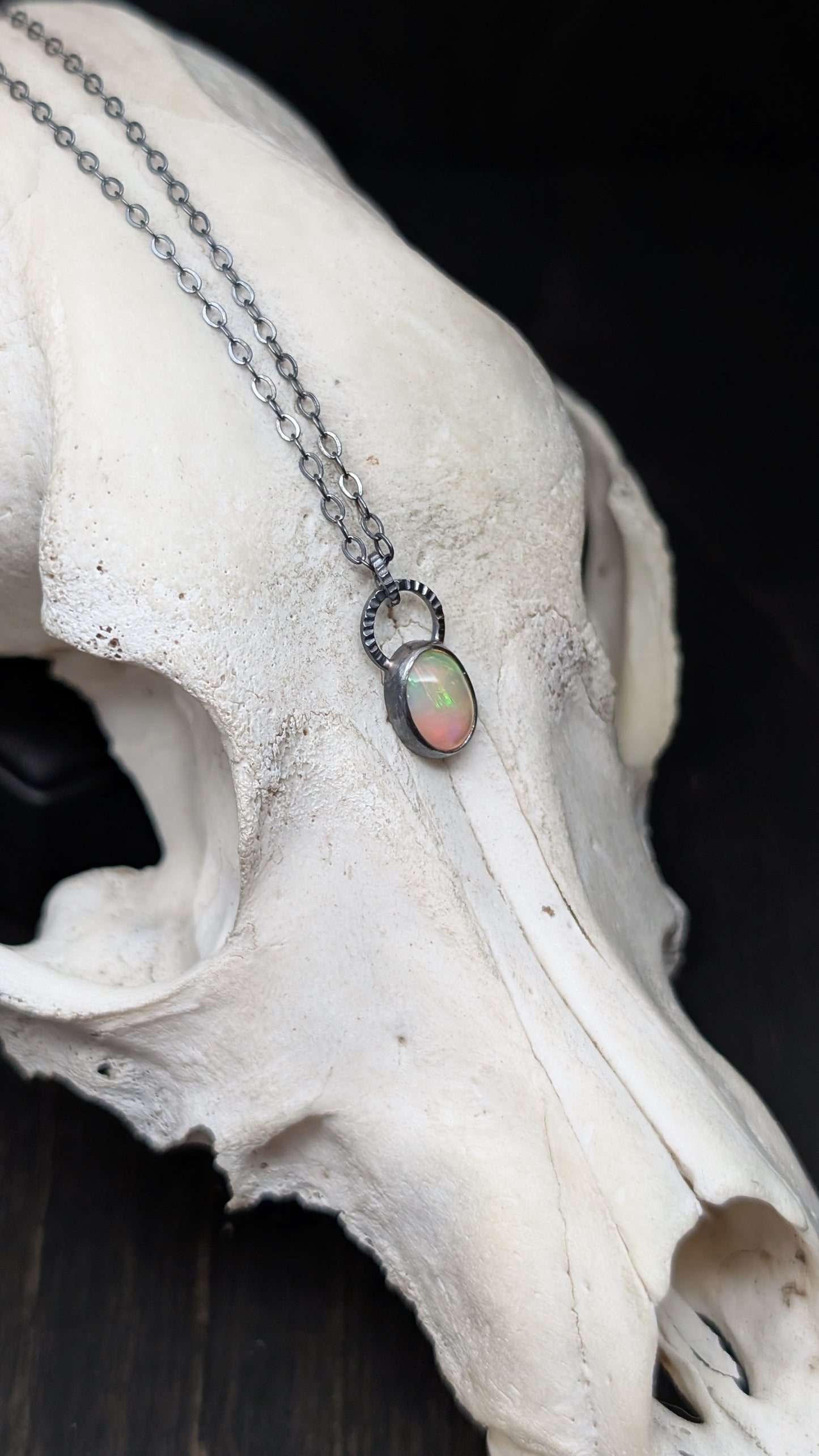 Mini Ethiopian Opal Oval Textured Sterling Silver Necklace
