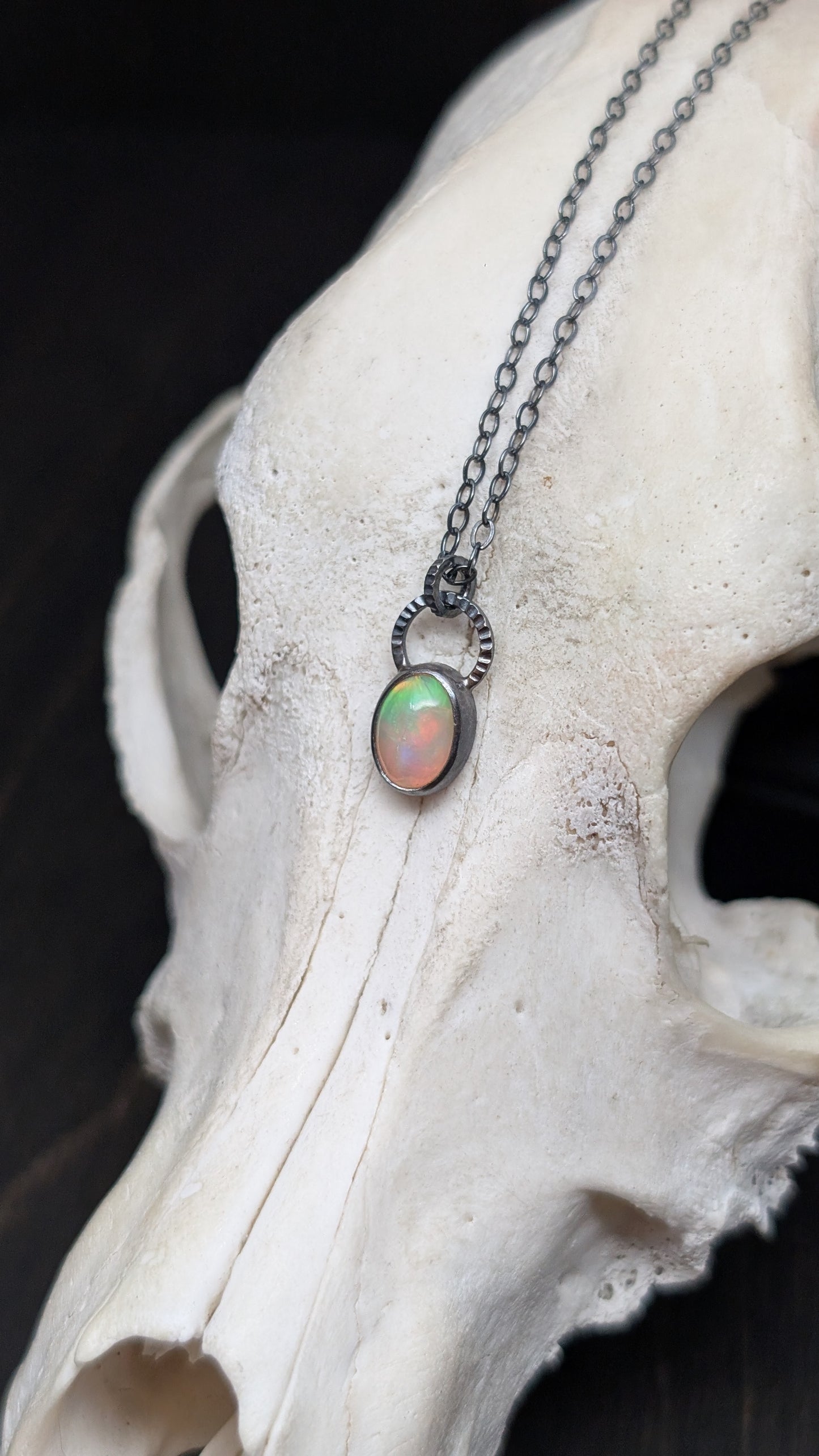 Mini Ethiopian Opal Oval Textured Sterling Silver Necklace