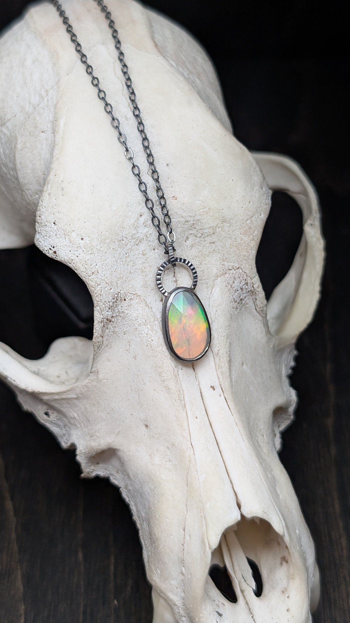 Ethiopian Opal Rose Cut Oval Textured Sterling Silver Necklace