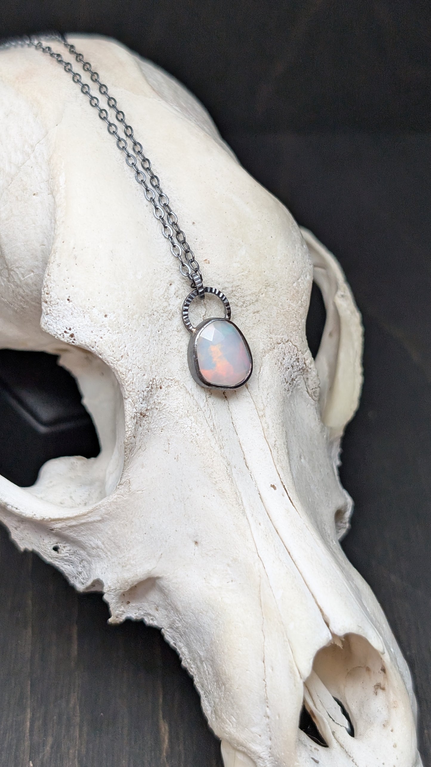 Ethiopian Opal Rose Cut Oval Textured Sterling Silver Necklace