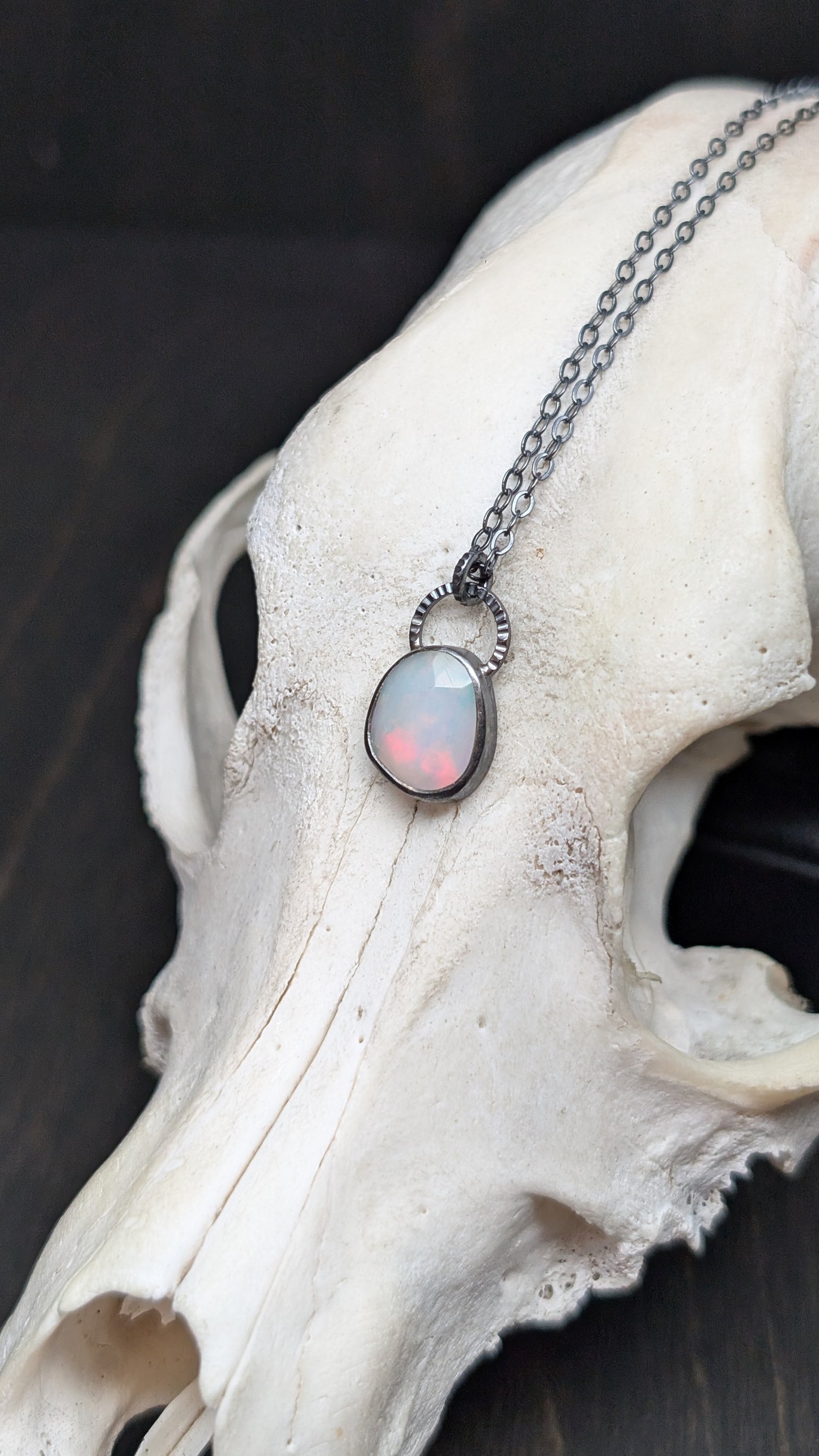 Ethiopian Opal Rose Cut Oval Textured Sterling Silver Necklace