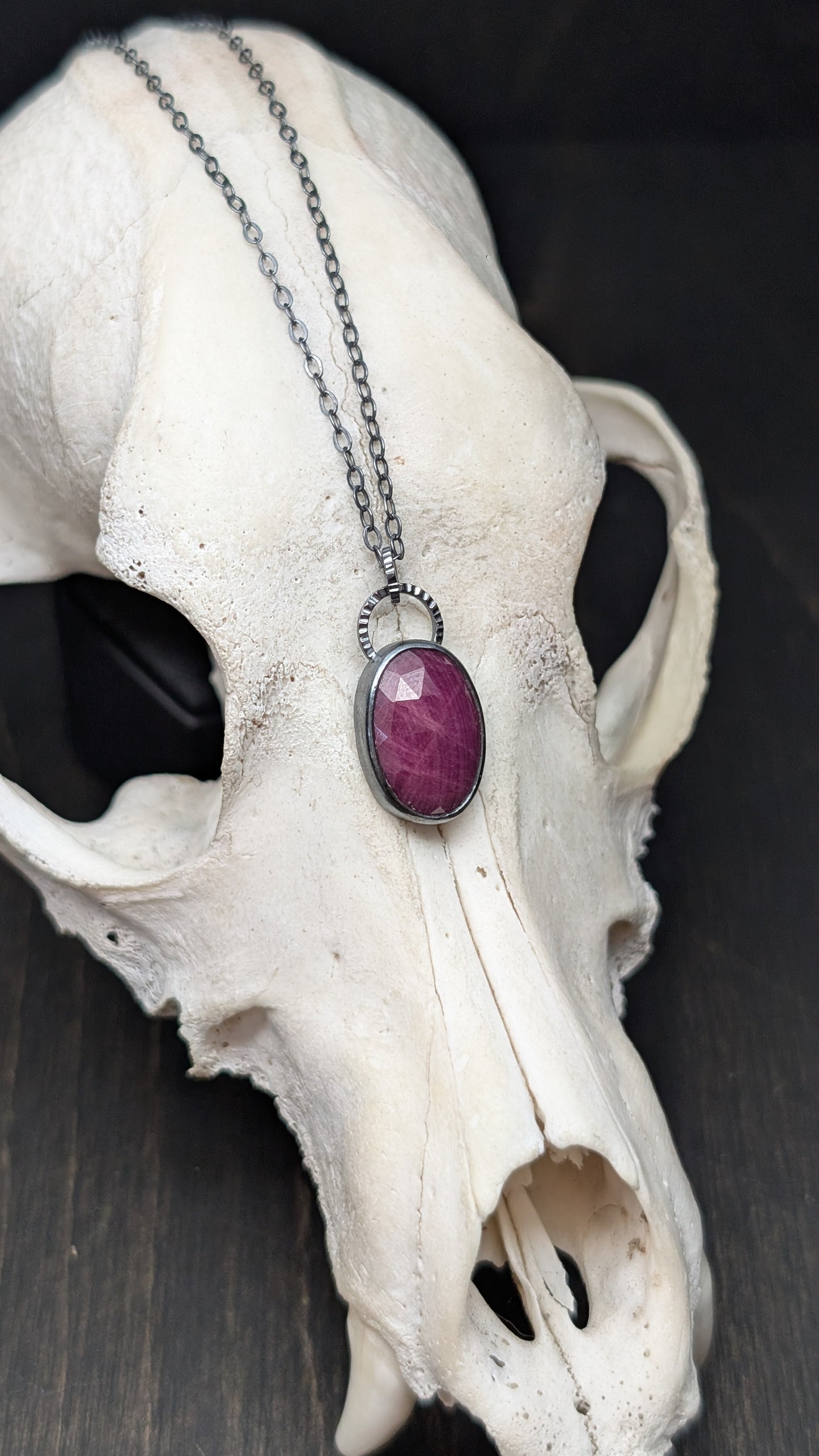 Oval Ruby Textured Sterling Silver Necklace