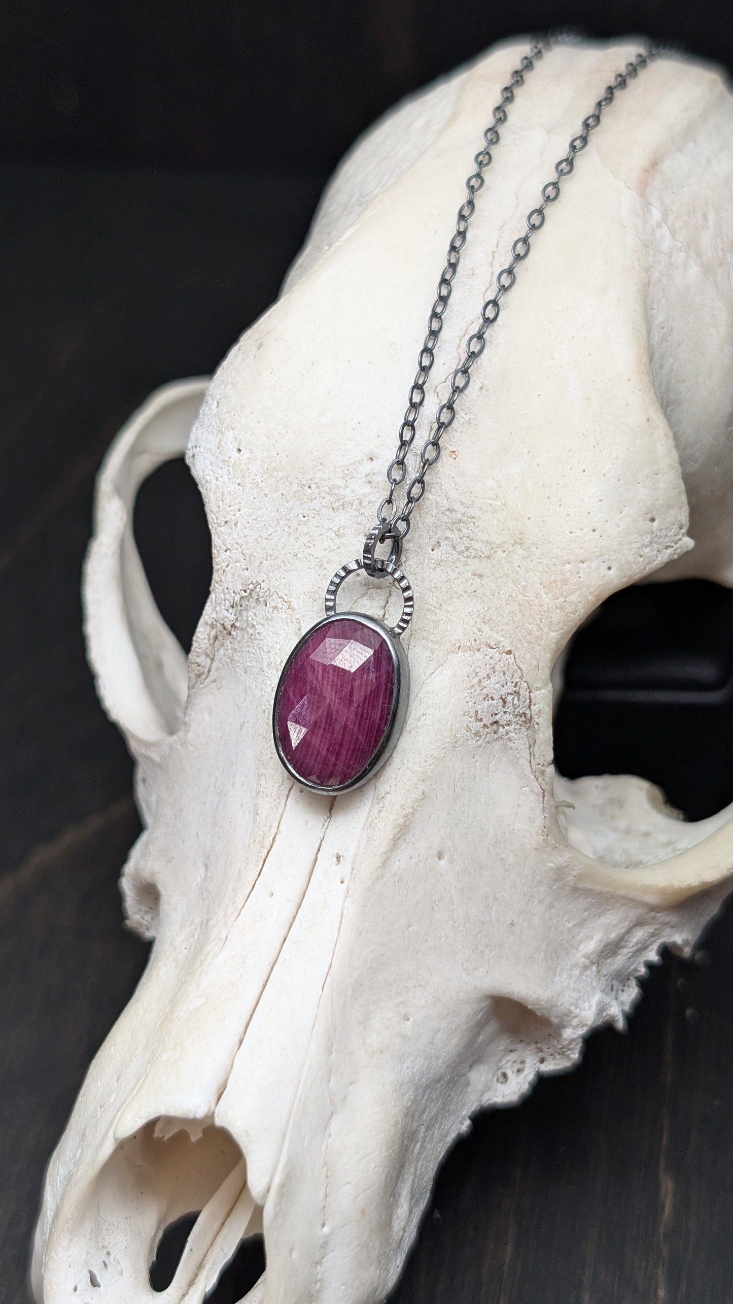 Oval Ruby Textured Sterling Silver Necklace