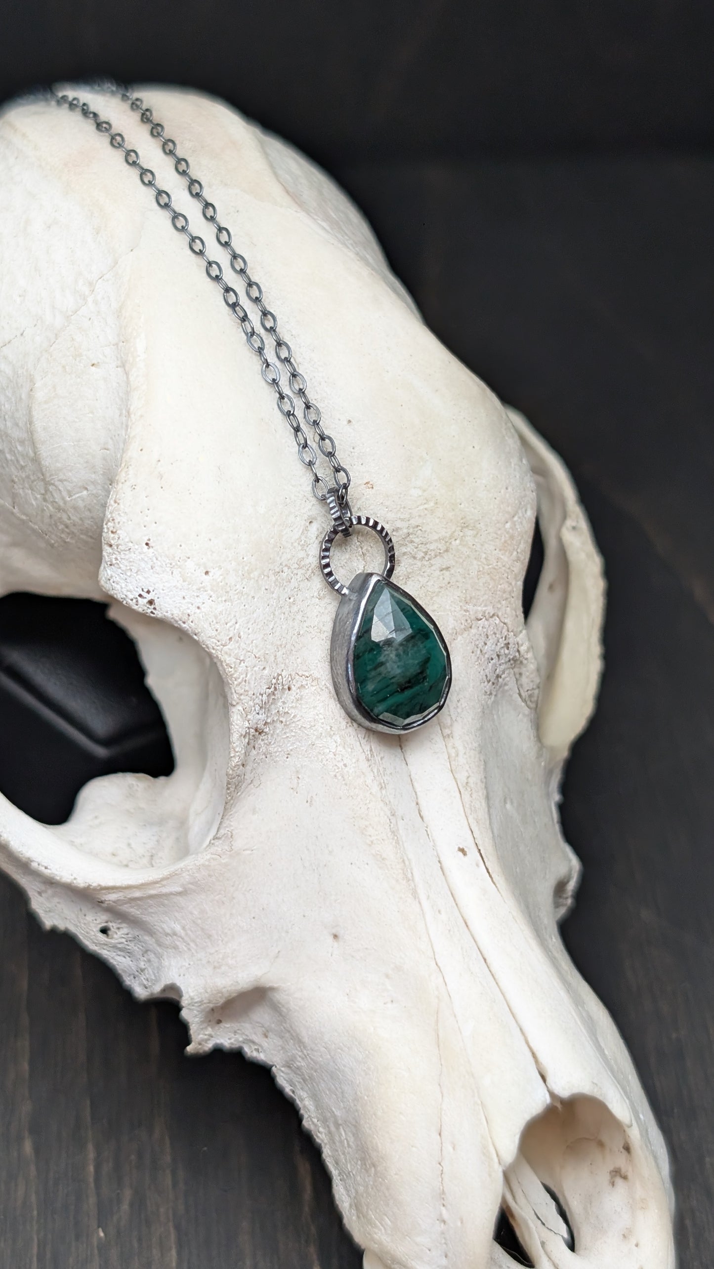 Emerald Teardrop Textured Sterling Silver Necklace