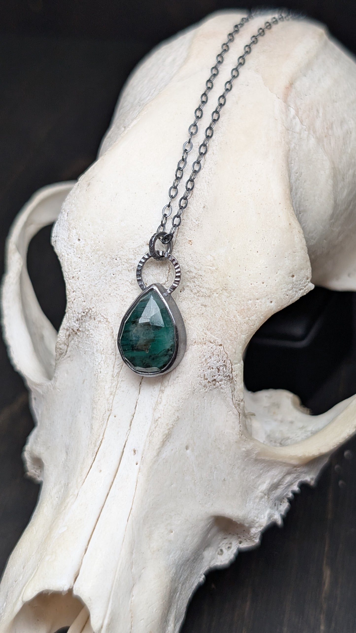 Emerald Teardrop Textured Sterling Silver Necklace