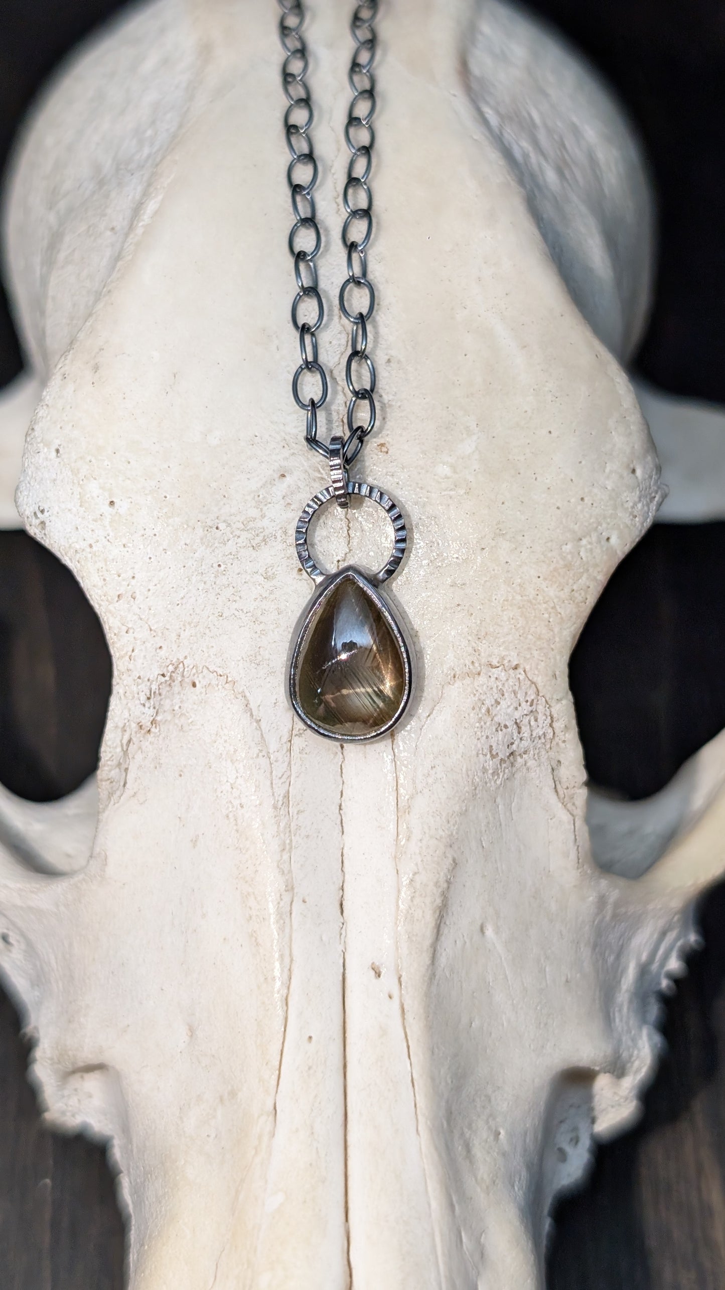 Black Star Sapphire Teardrop Textured Sterling Silver Necklace