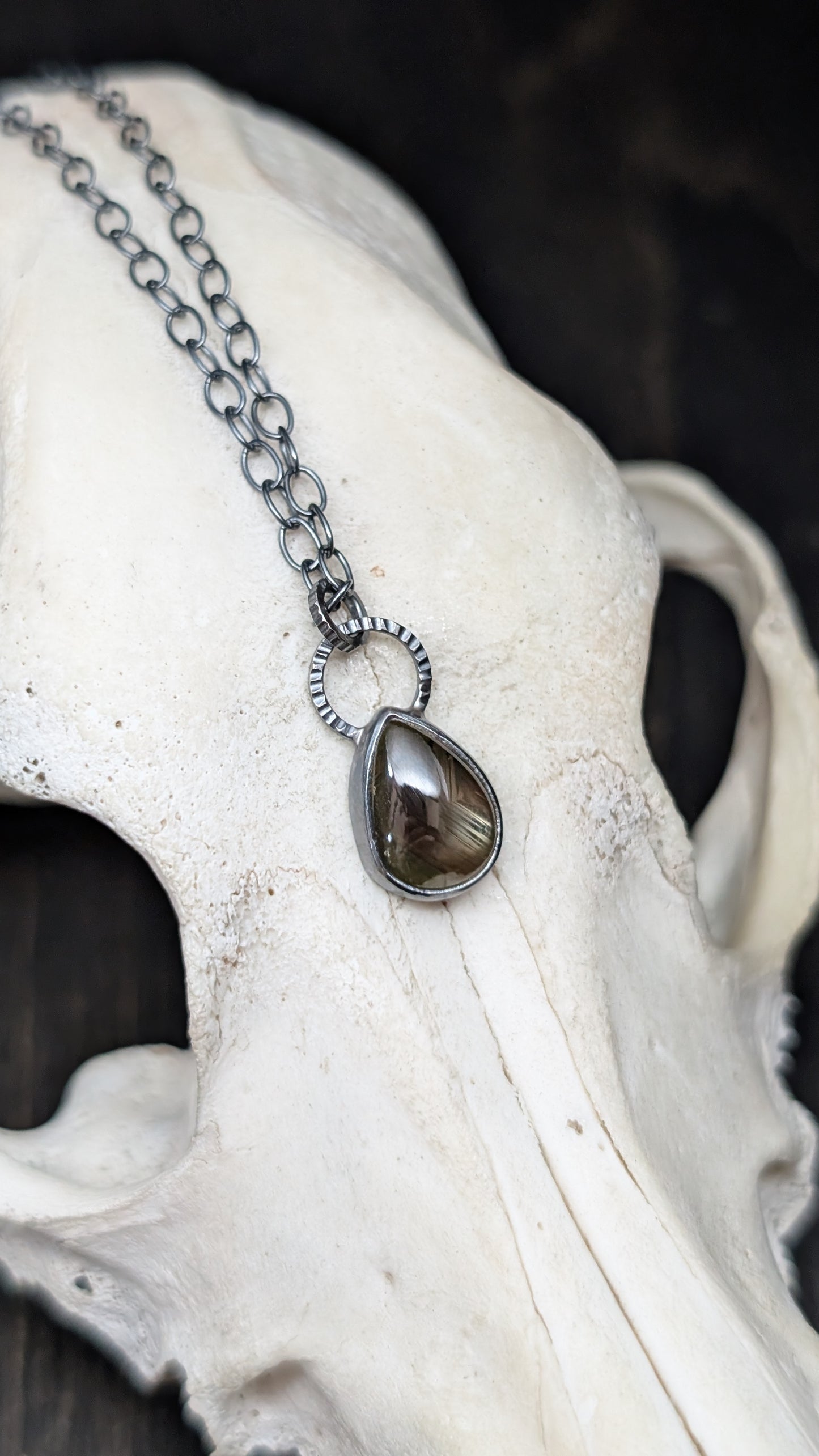 Black Star Sapphire Teardrop Textured Sterling Silver Necklace