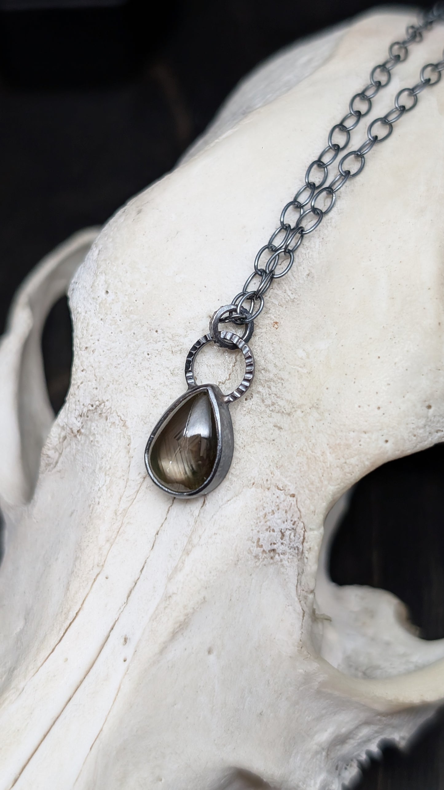 Black Star Sapphire Teardrop Textured Sterling Silver Necklace