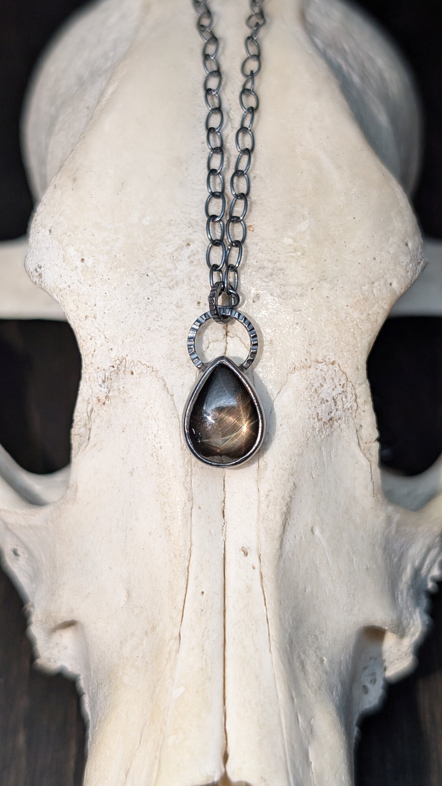 Black Star Sapphire Teardrop Textured Sterling Silver Necklace