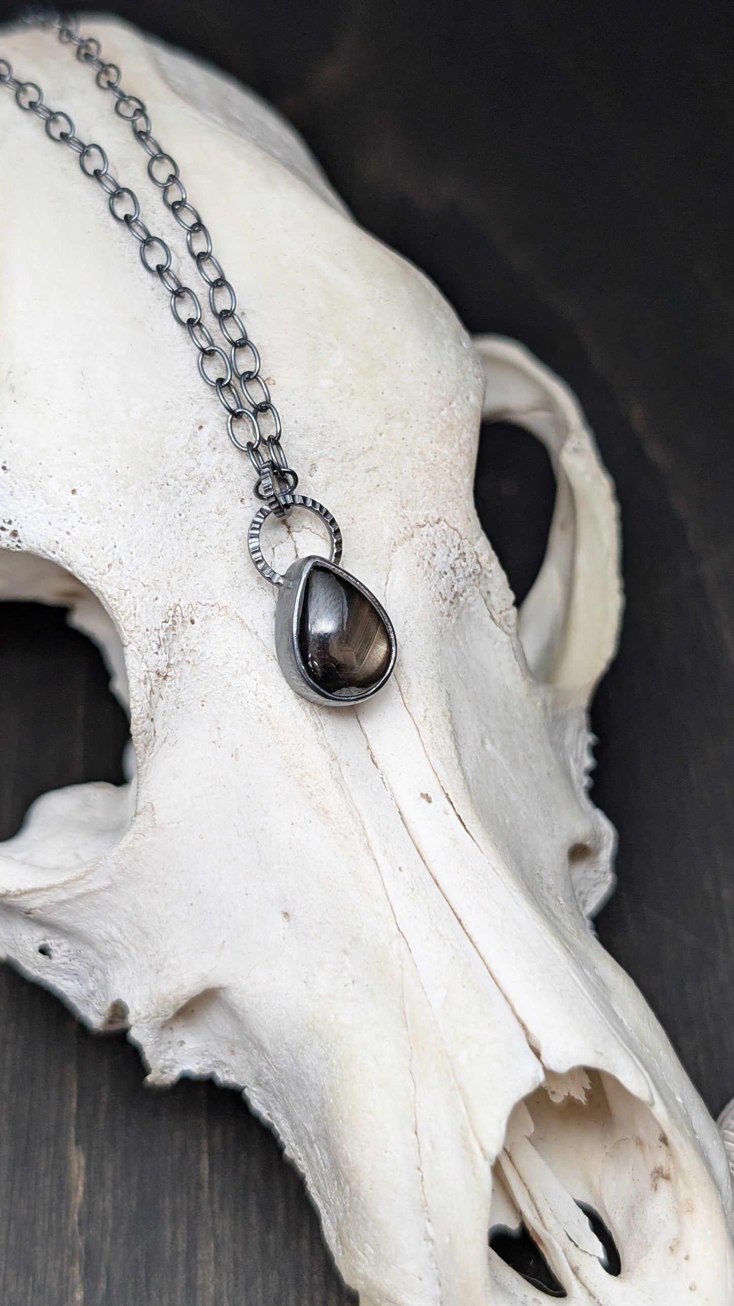 Black Star Sapphire Teardrop Textured Sterling Silver Necklace
