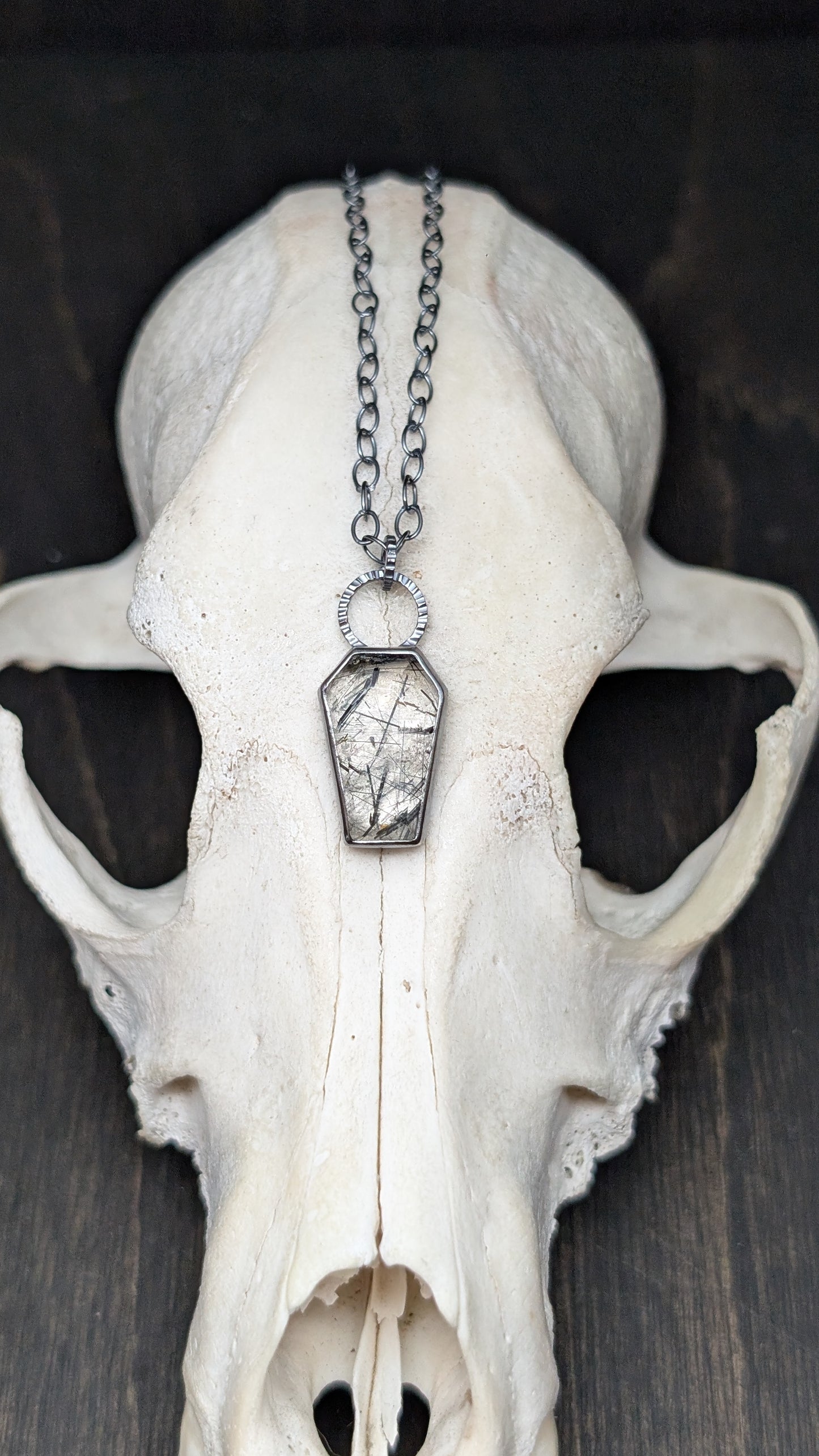 Black Tourmalated Quartz Coffin Textured Sterling Silver Necklace