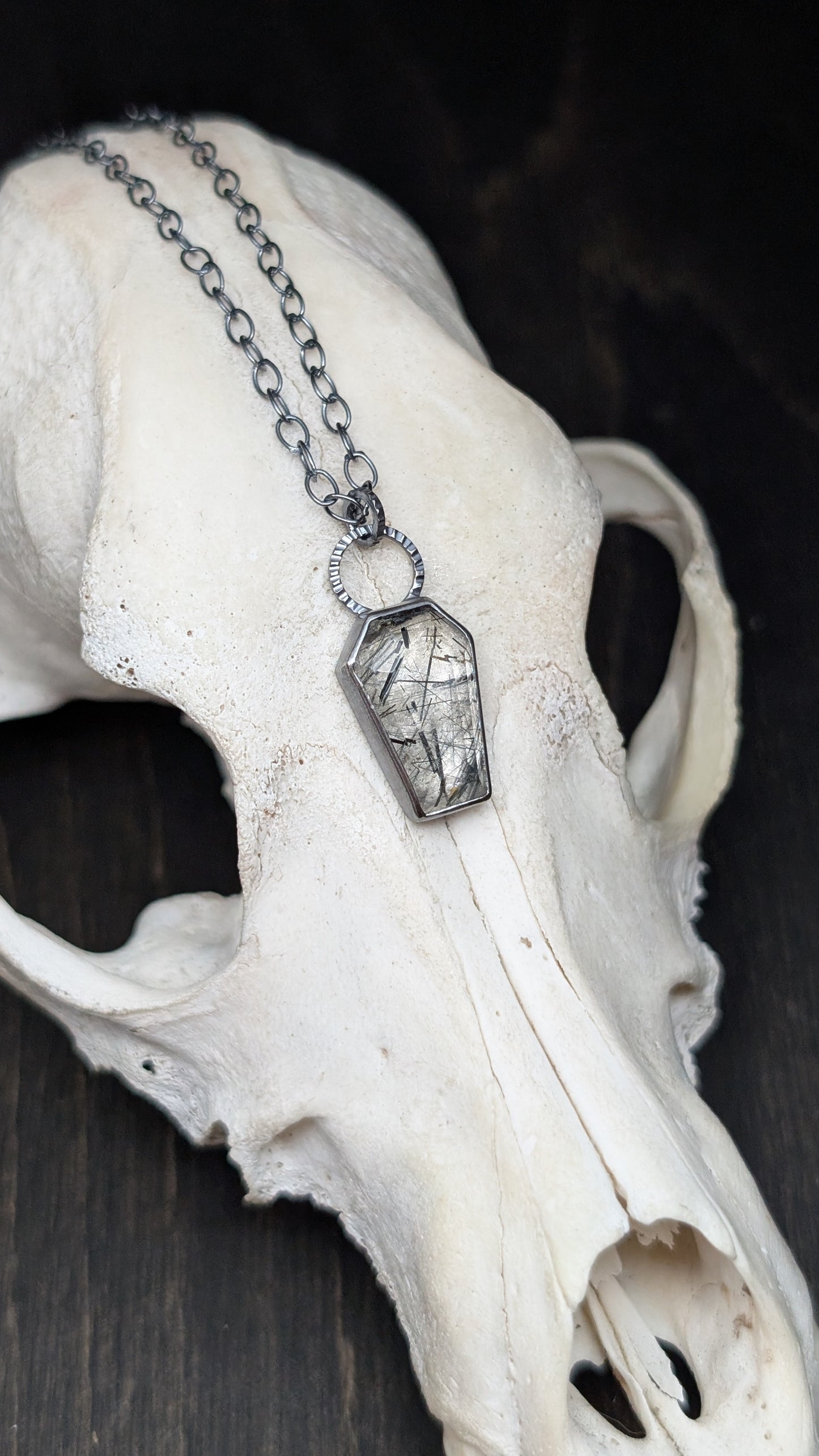 Black Tourmalated Quartz Coffin Textured Sterling Silver Necklace