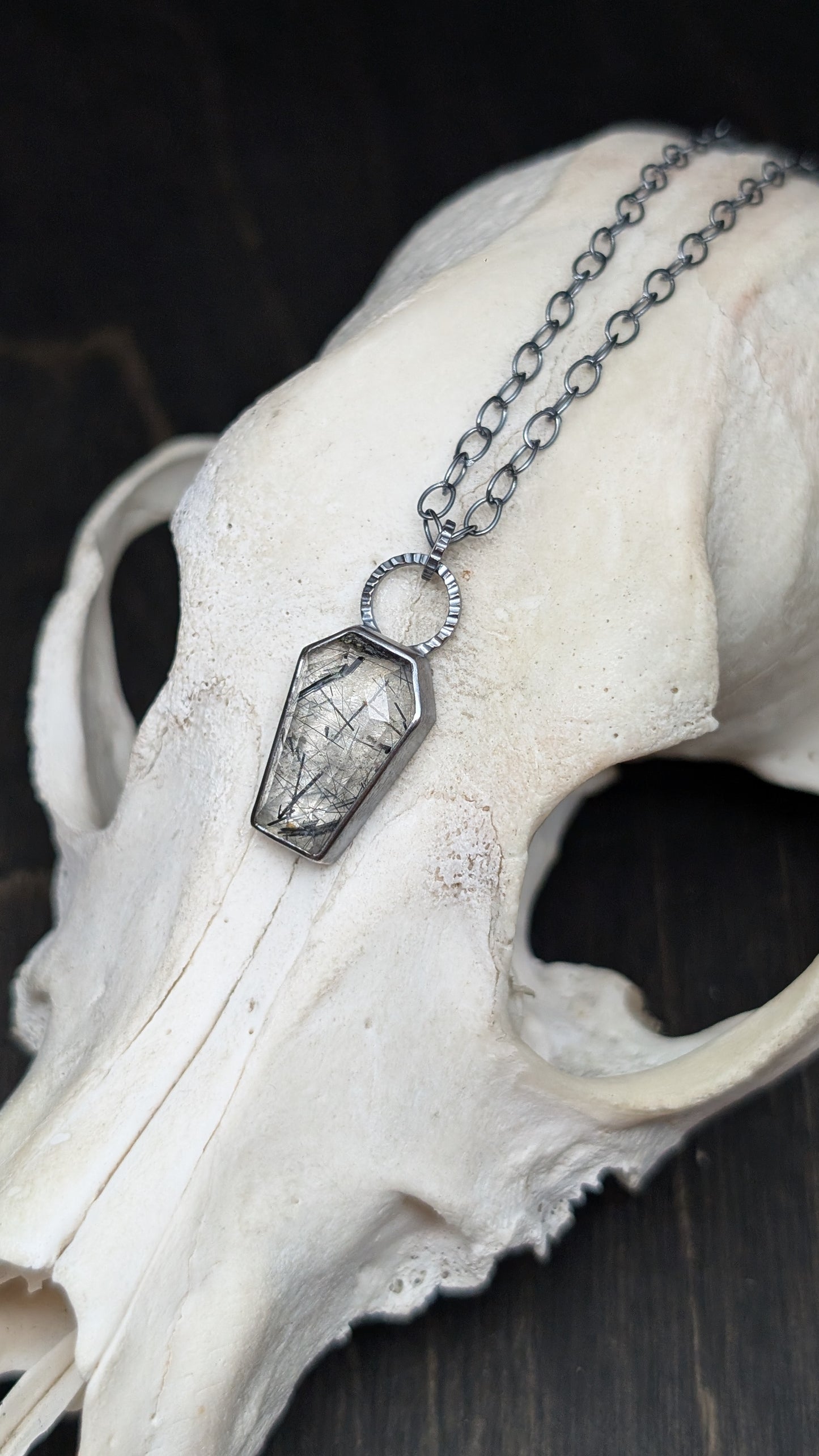 Black Tourmalated Quartz Coffin Textured Sterling Silver Necklace