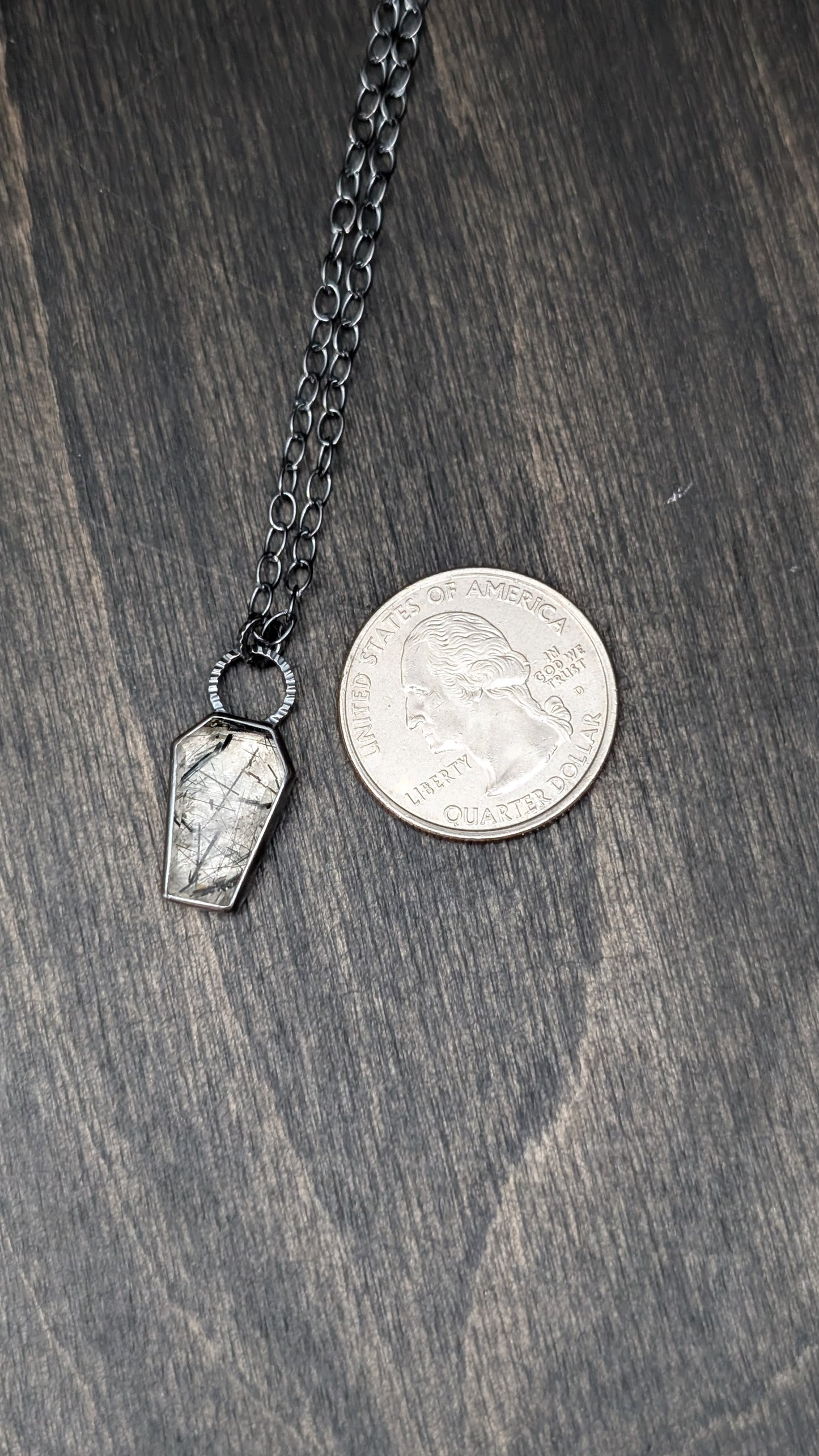 Black Tourmalated Quartz Coffin Textured Sterling Silver Necklace