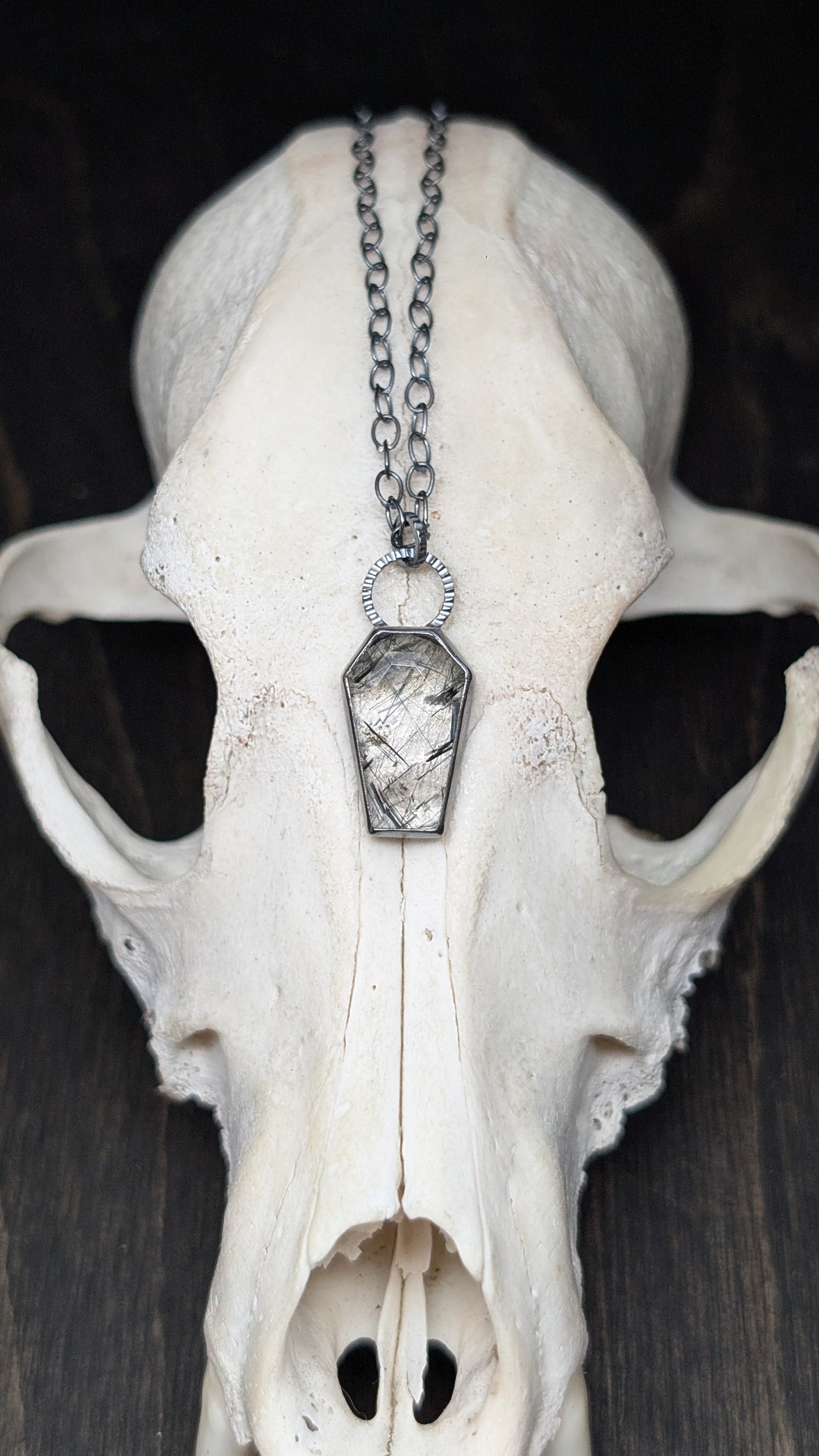 Black Tourmalated Quartz Coffin Textured Sterling Silver Necklace