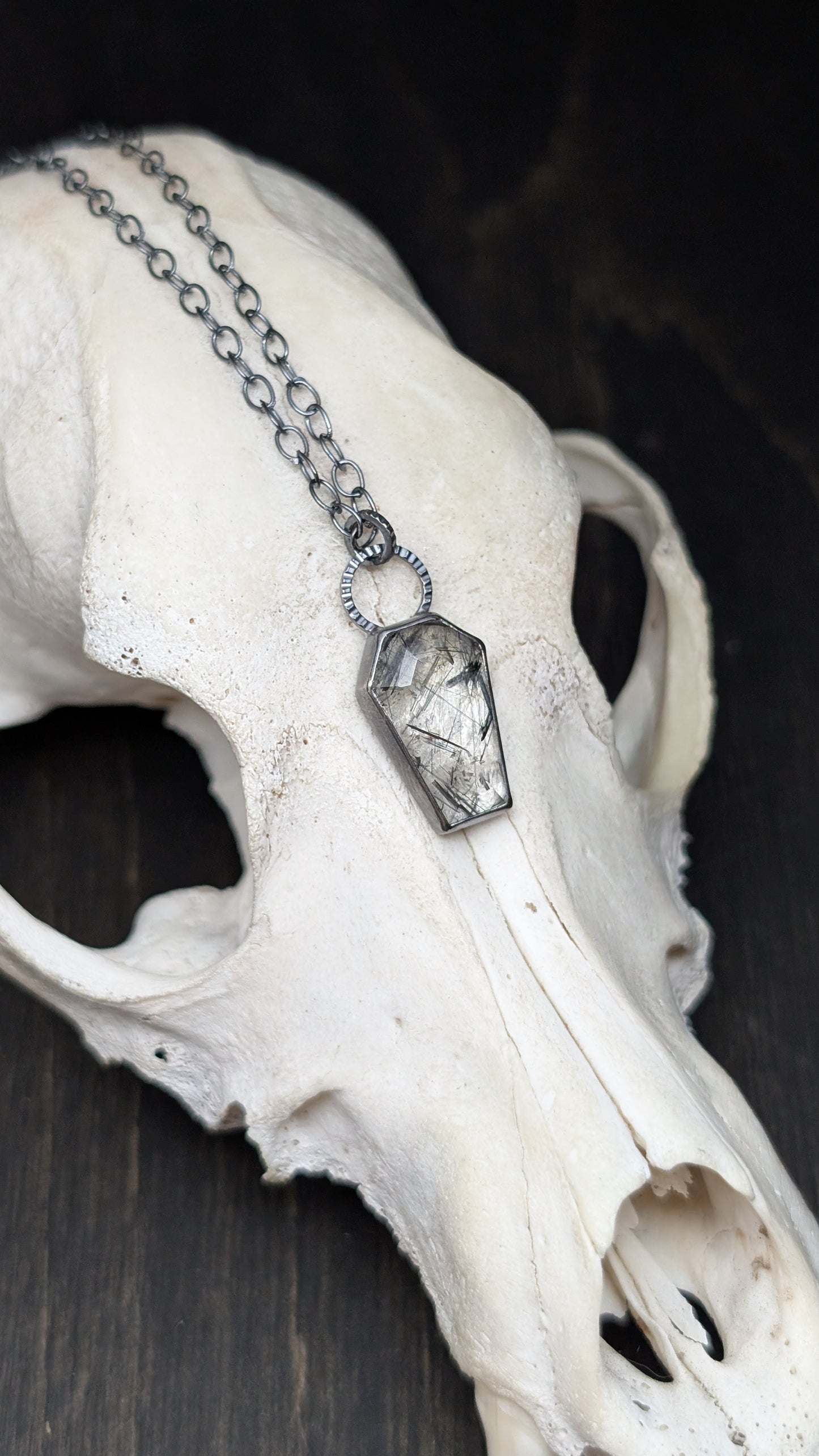 Black Tourmalated Quartz Coffin Textured Sterling Silver Necklace