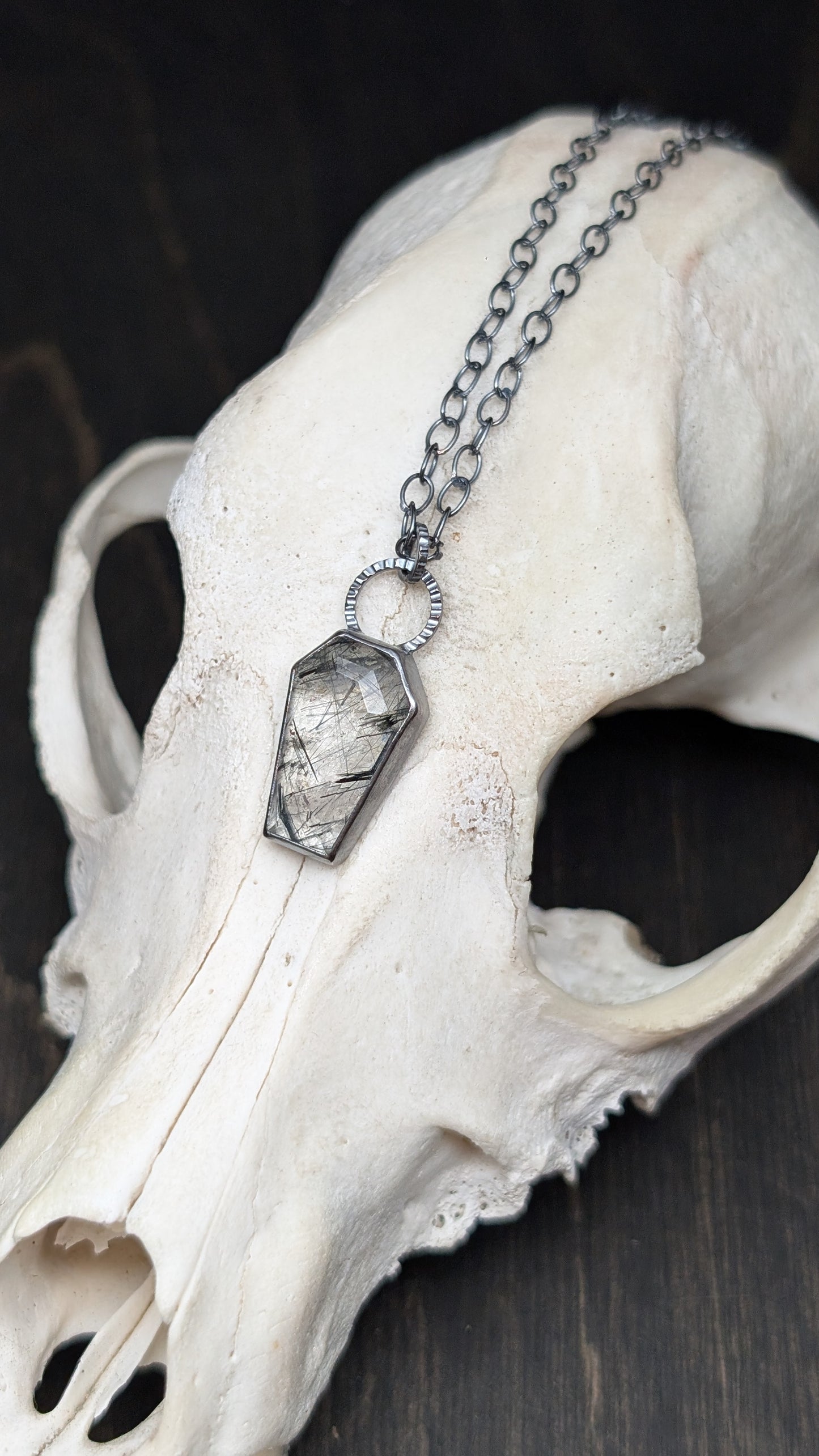 Black Tourmalated Quartz Coffin Textured Sterling Silver Necklace