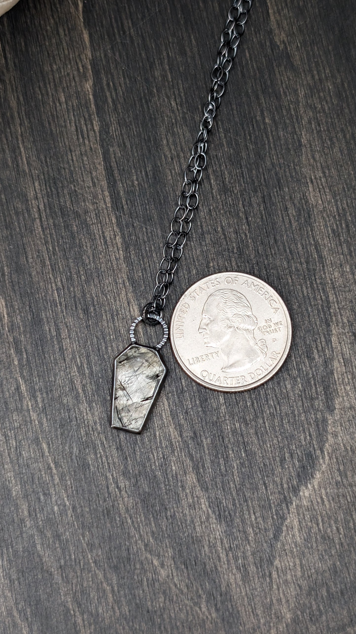 Black Tourmalated Quartz Coffin Textured Sterling Silver Necklace