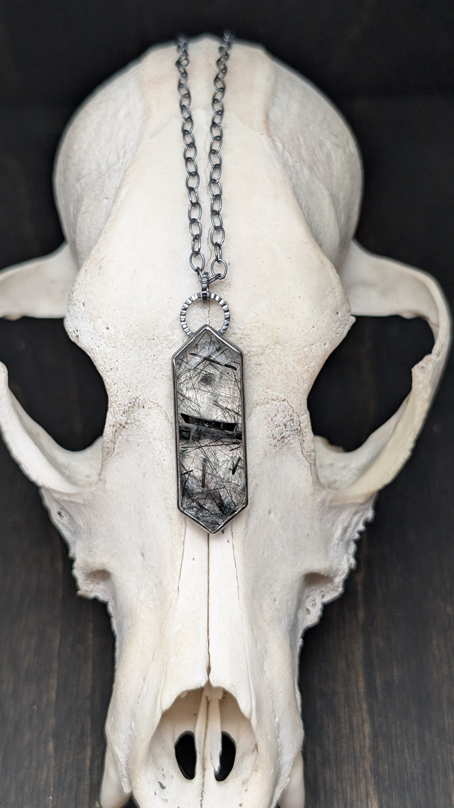 Black Tourmalated Quartz Tablet Textured Sterling Silver Necklace