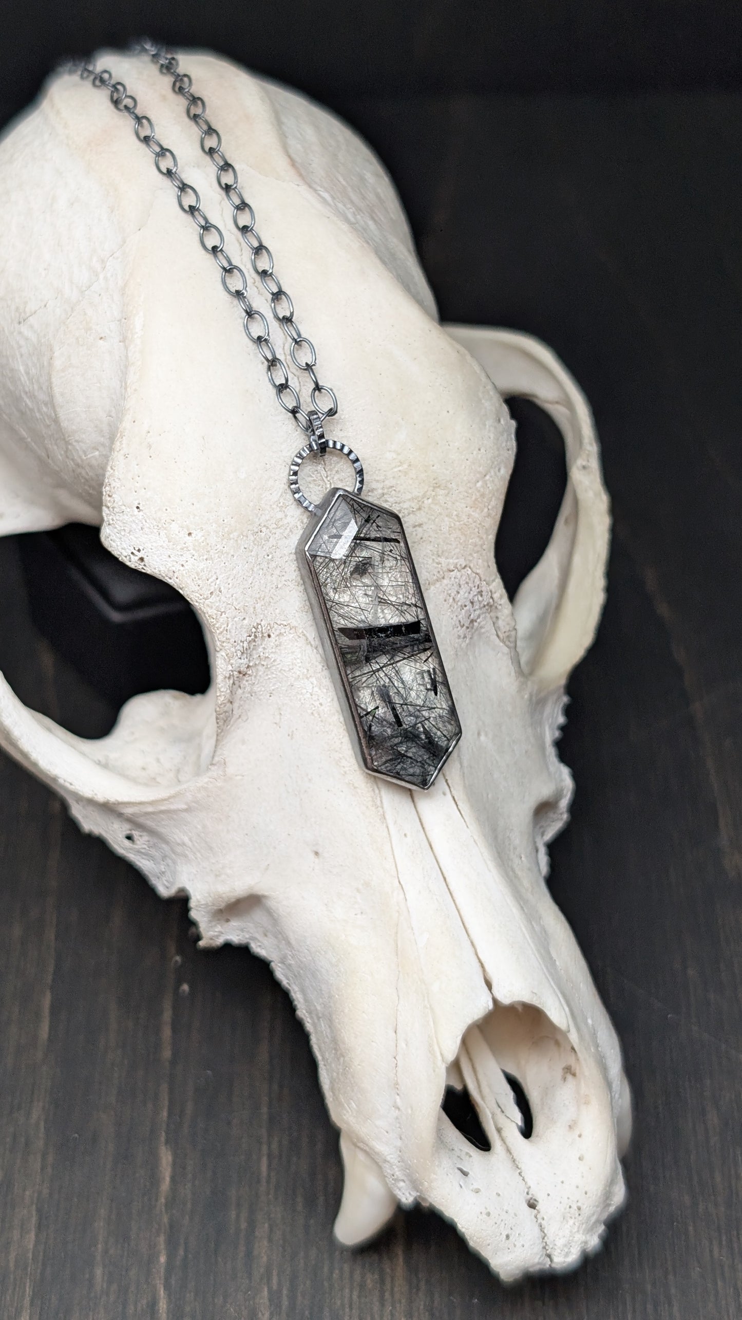 Black Tourmalated Quartz Tablet Textured Sterling Silver Necklace