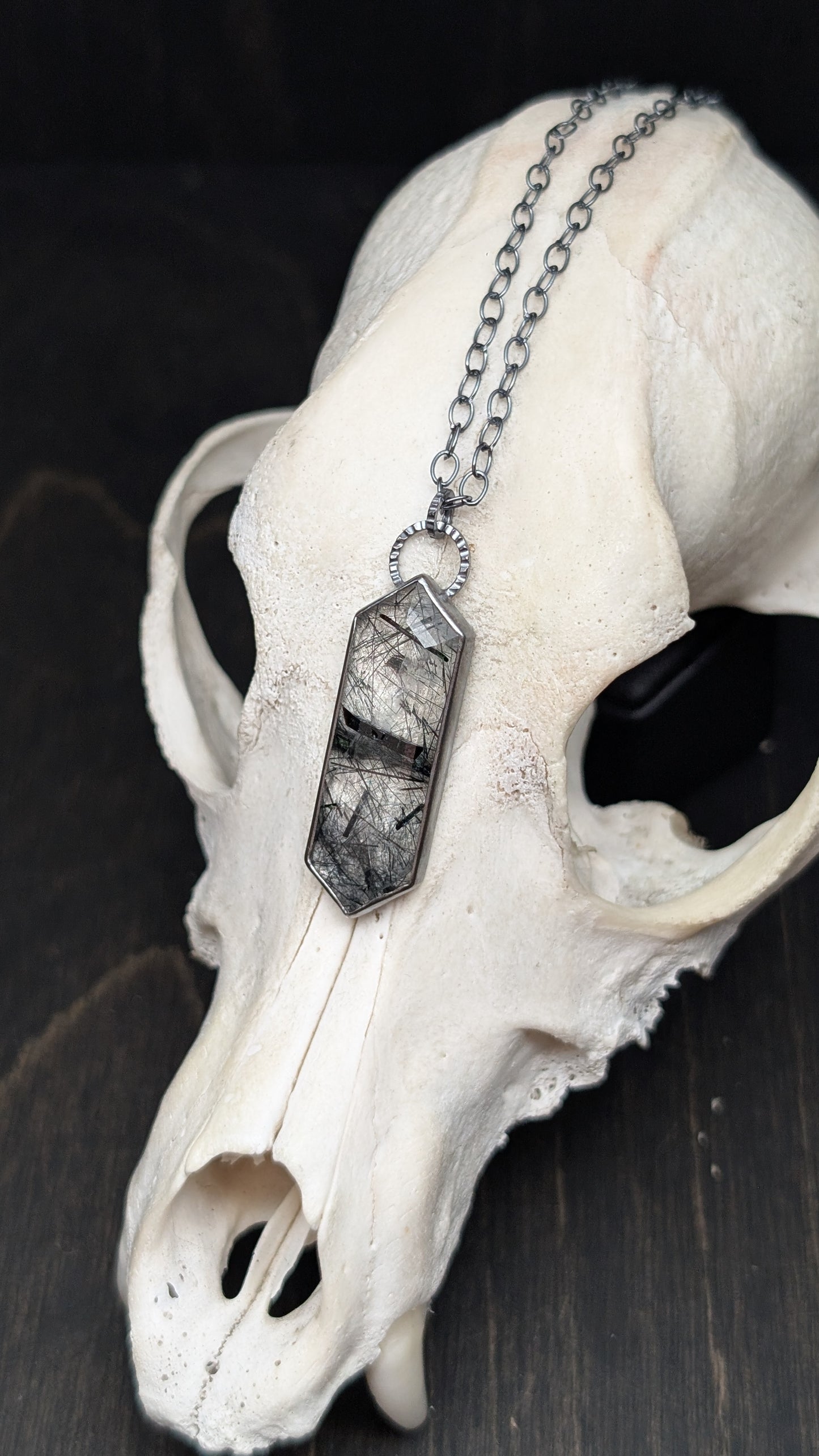 Black Tourmalated Quartz Tablet Textured Sterling Silver Necklace