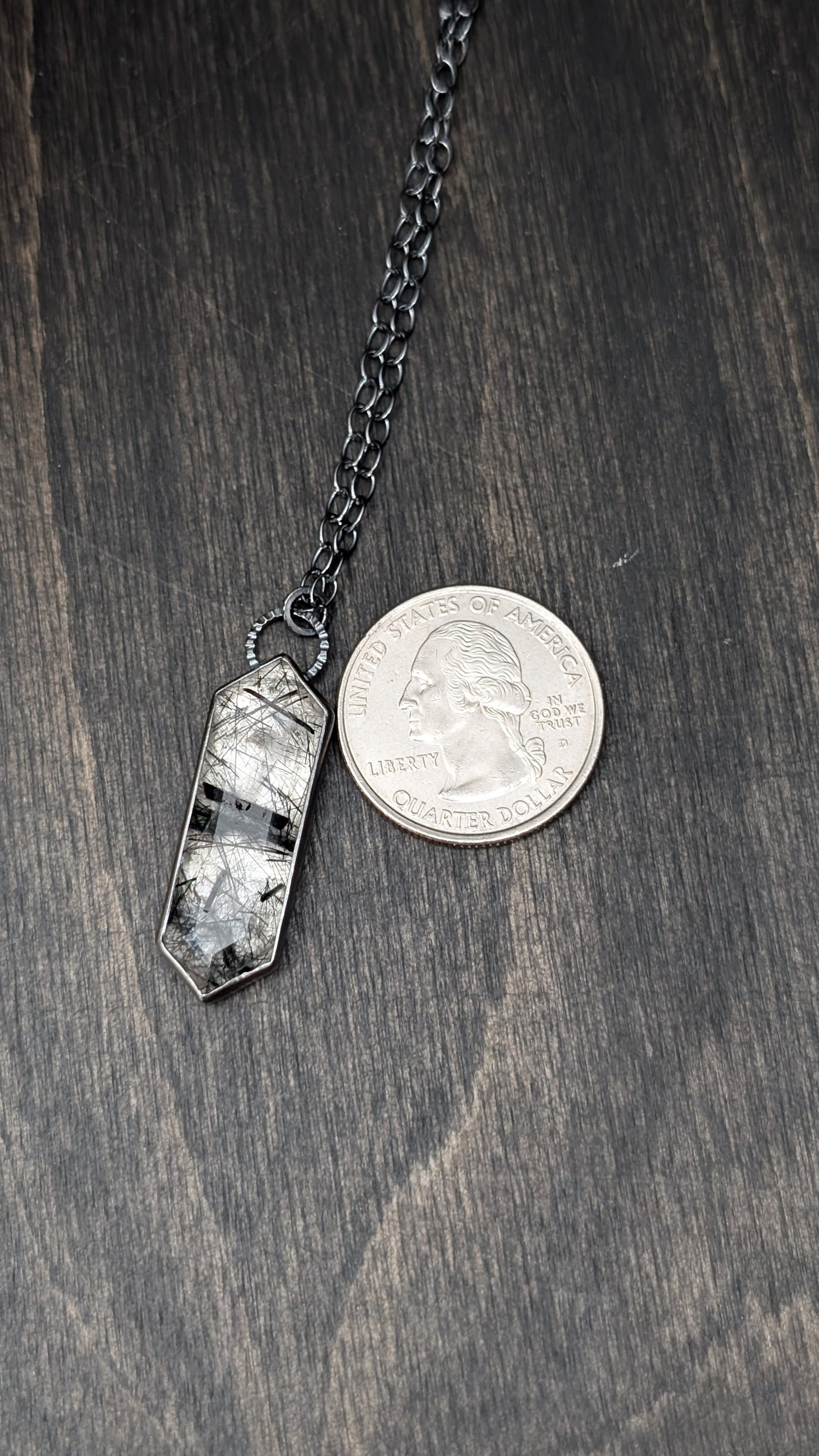 Black Tourmalated Quartz Tablet Textured Sterling Silver Necklace
