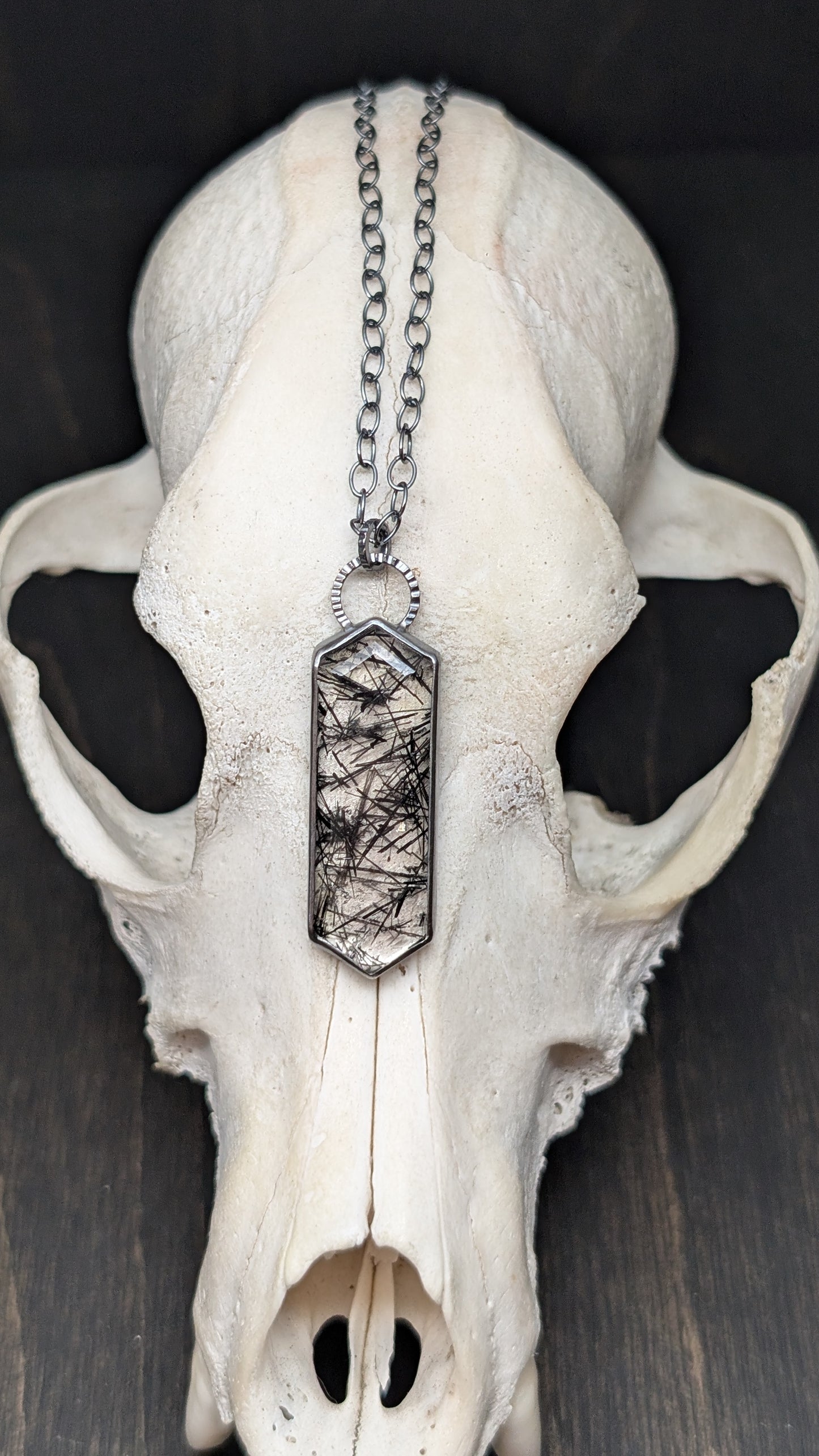 Black Tourmalated Quartz Tablet Textured Sterling Silver Necklace